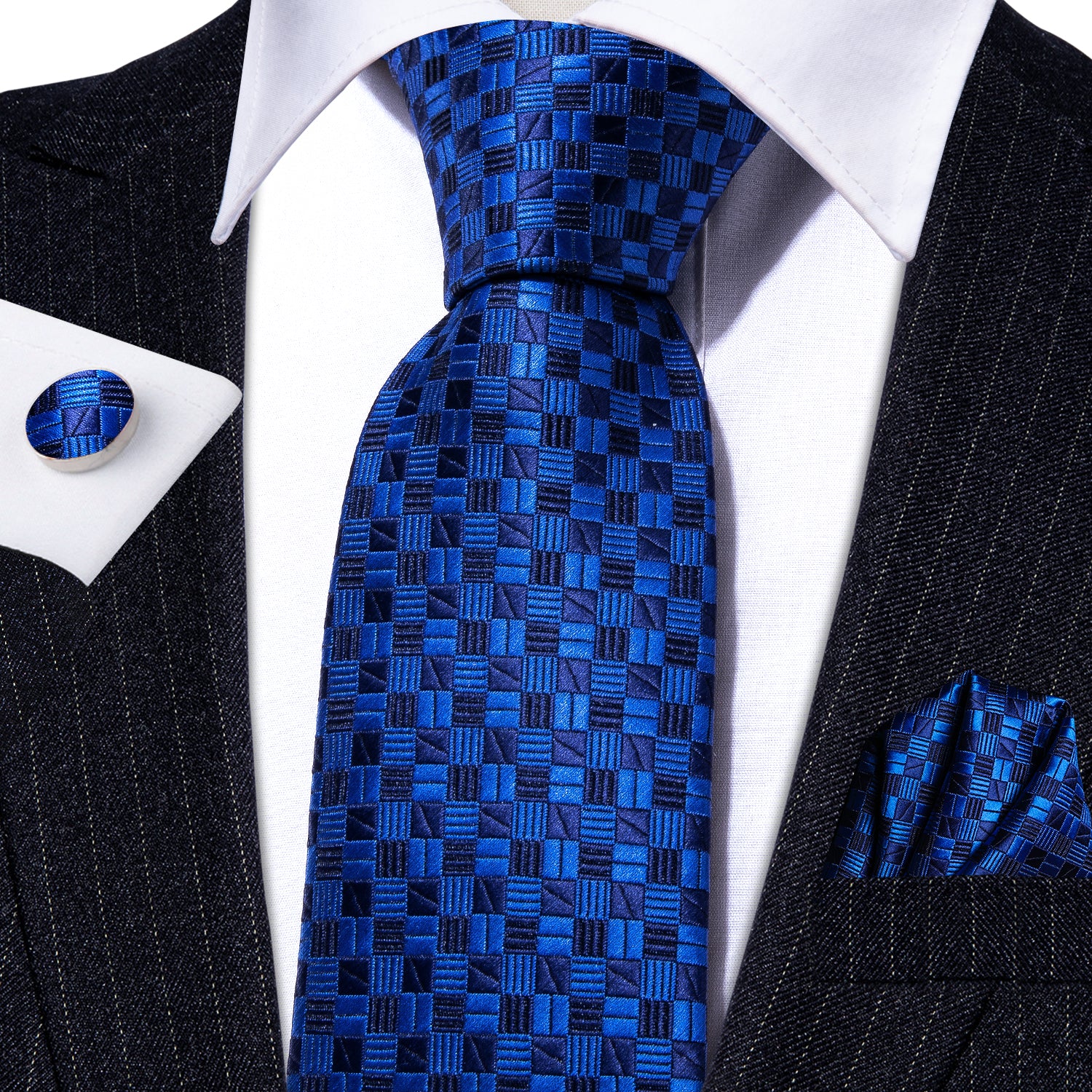 Blue Plaid Silk Tie Pocket Square Cufflinks Set