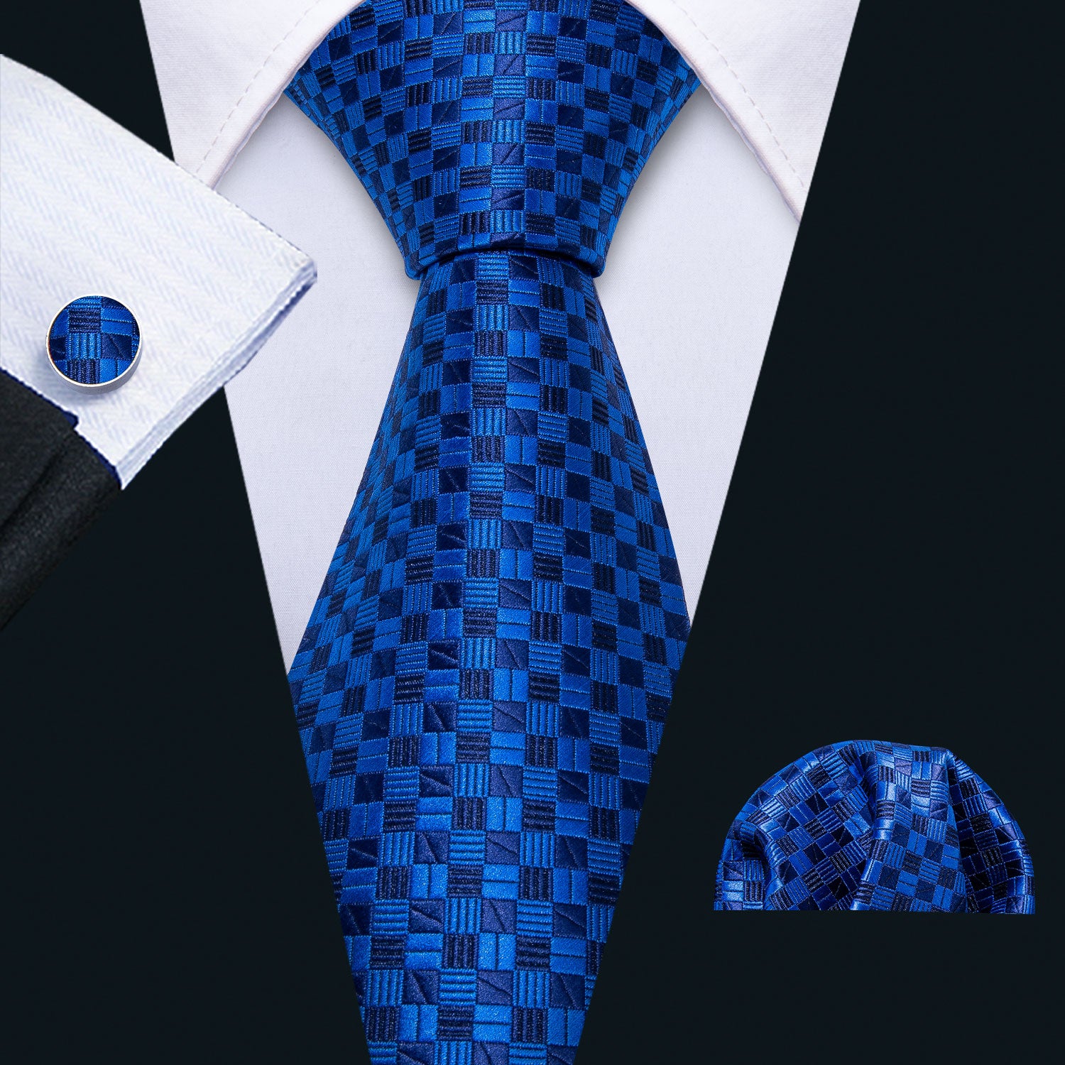  Blue Men Necktie Plaid Silk Tie Pocket Square Cufflinks Set