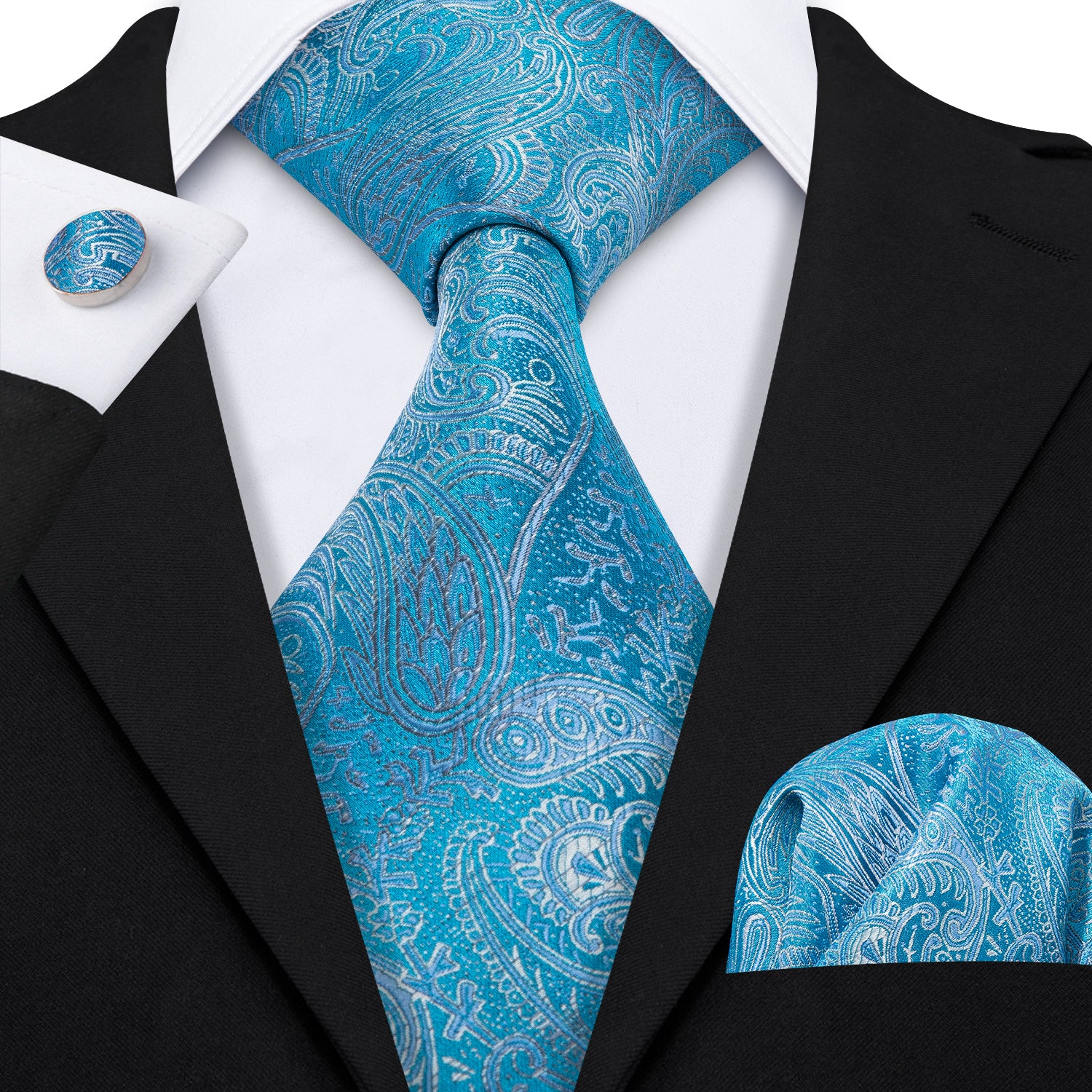 Blue Paisley Silk Tie Pocket Square Cufflinks Set