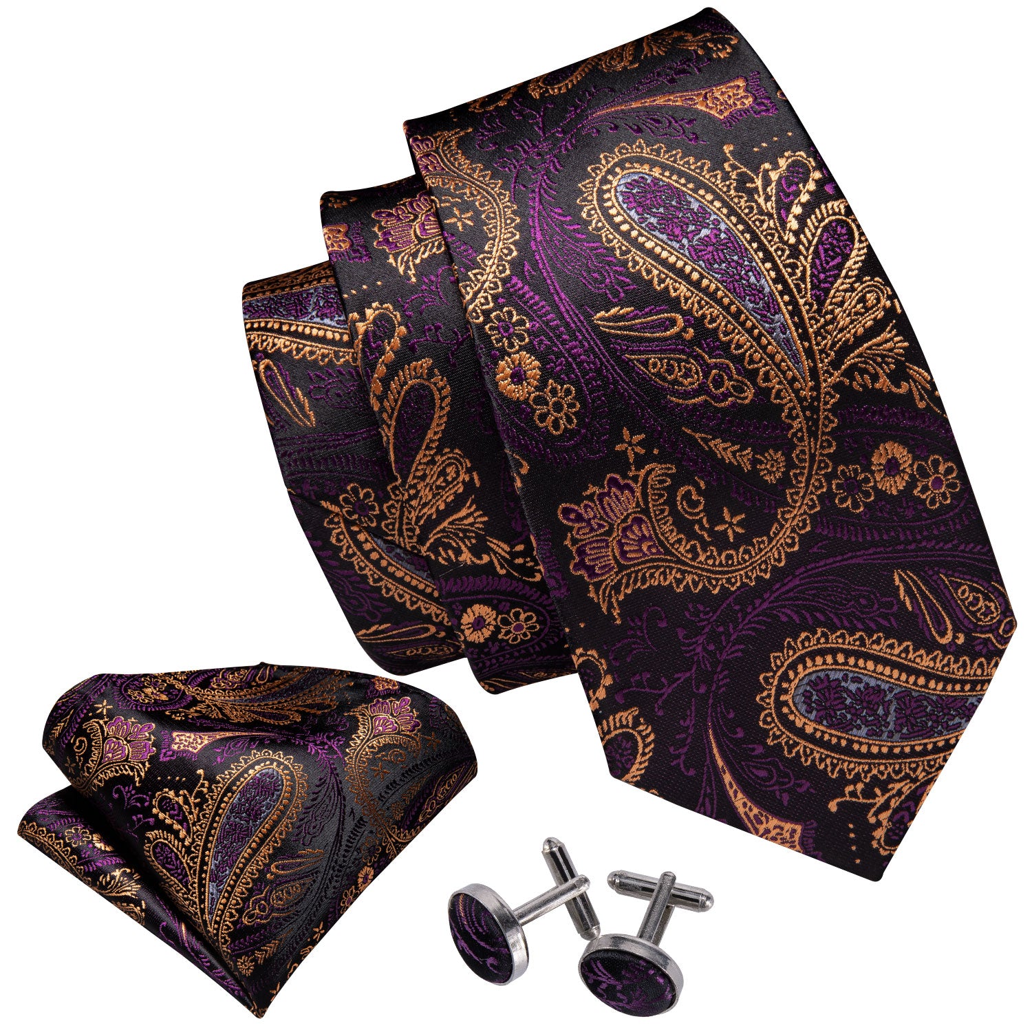 Barry.wang Paisley Tie Yellow Purple Silk Men's Tie Pocket Square Cufflinks Set