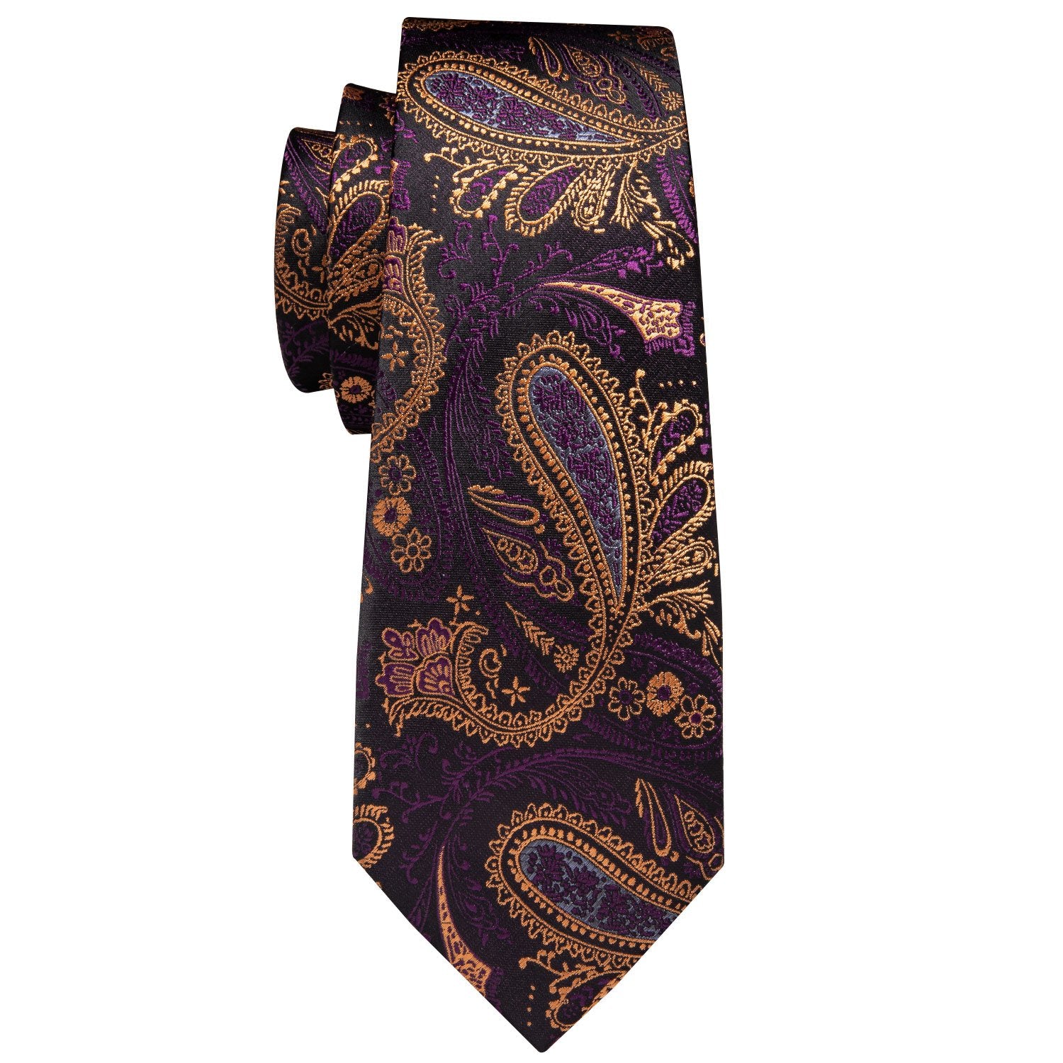 Classic Yellow Purple Black Paisley Men's Tie Lapel Pin Brooch Silk Tie Pocket Square Cufflinks Set Wedding Business Party