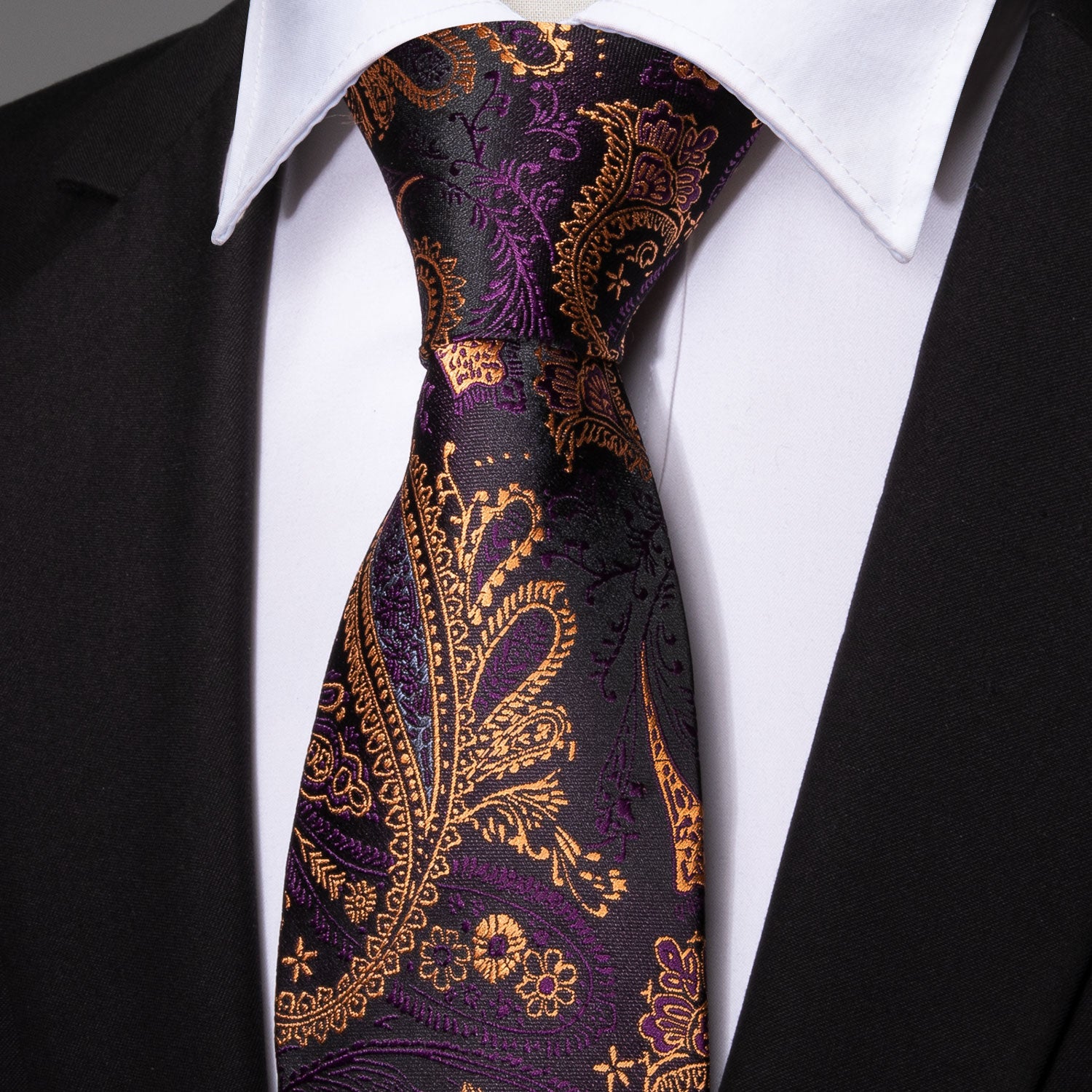 Yellow Purple Paisley Silk Men's Tie Pocket Square Cufflinks Set