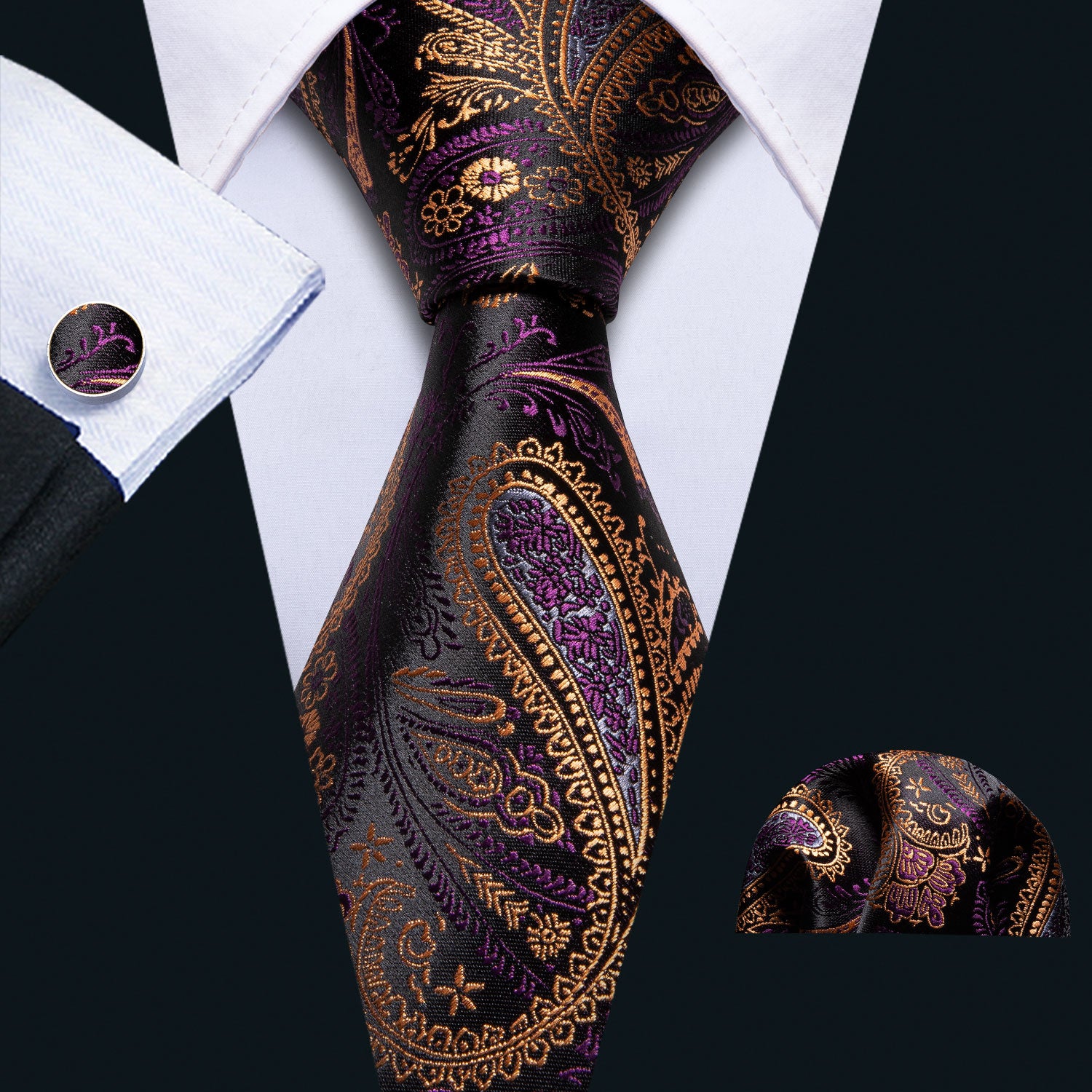 Barry.wang Paisley Tie Yellow Purple Silk Men's Tie Pocket Square Cufflinks Set