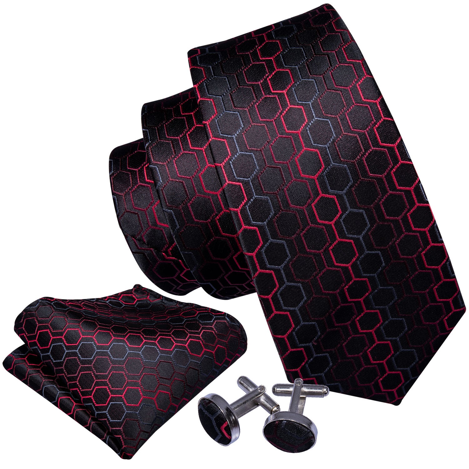 Black Red Geometric Plaid Silk Tie Pocket Square Cufflinks Set