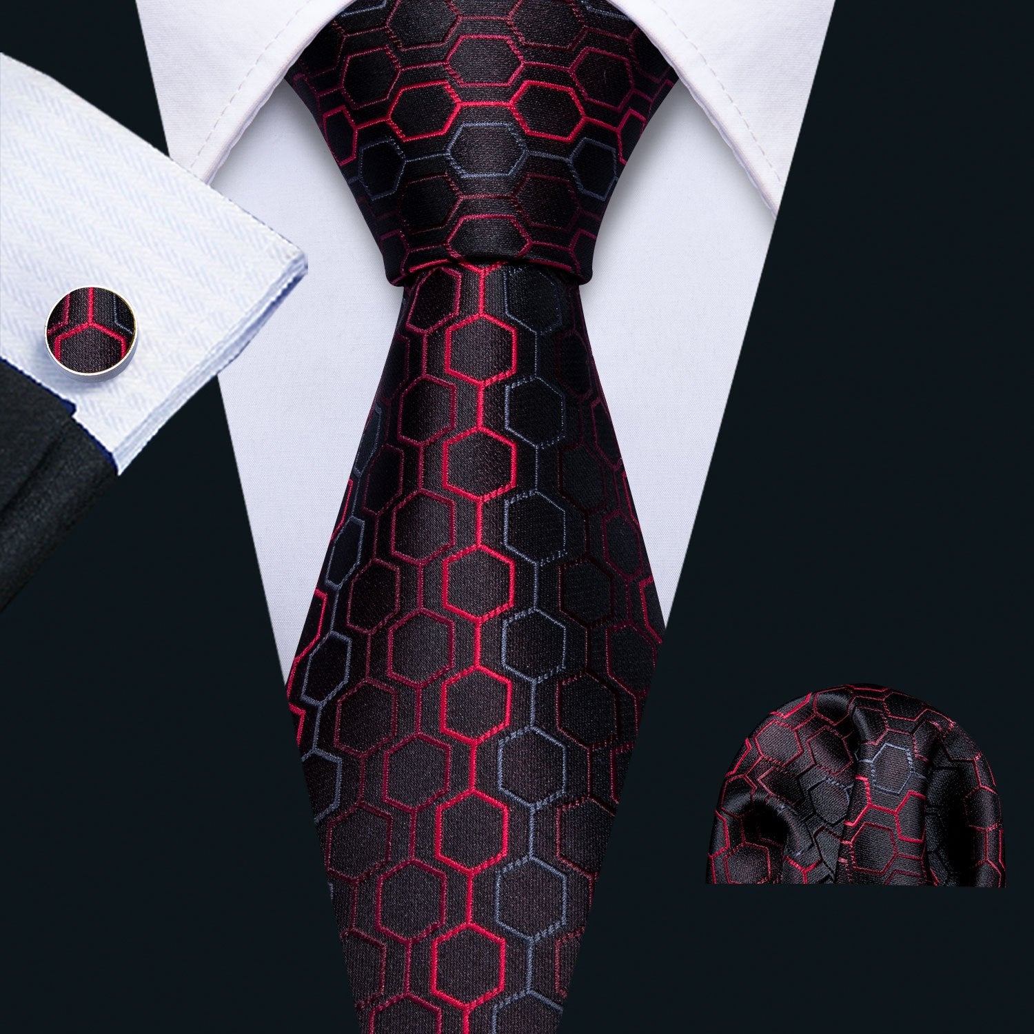 Mens Wedding Tie Black Red Geometric 8.5CM Necktie Pocket Square Cufflinks Brooch Set