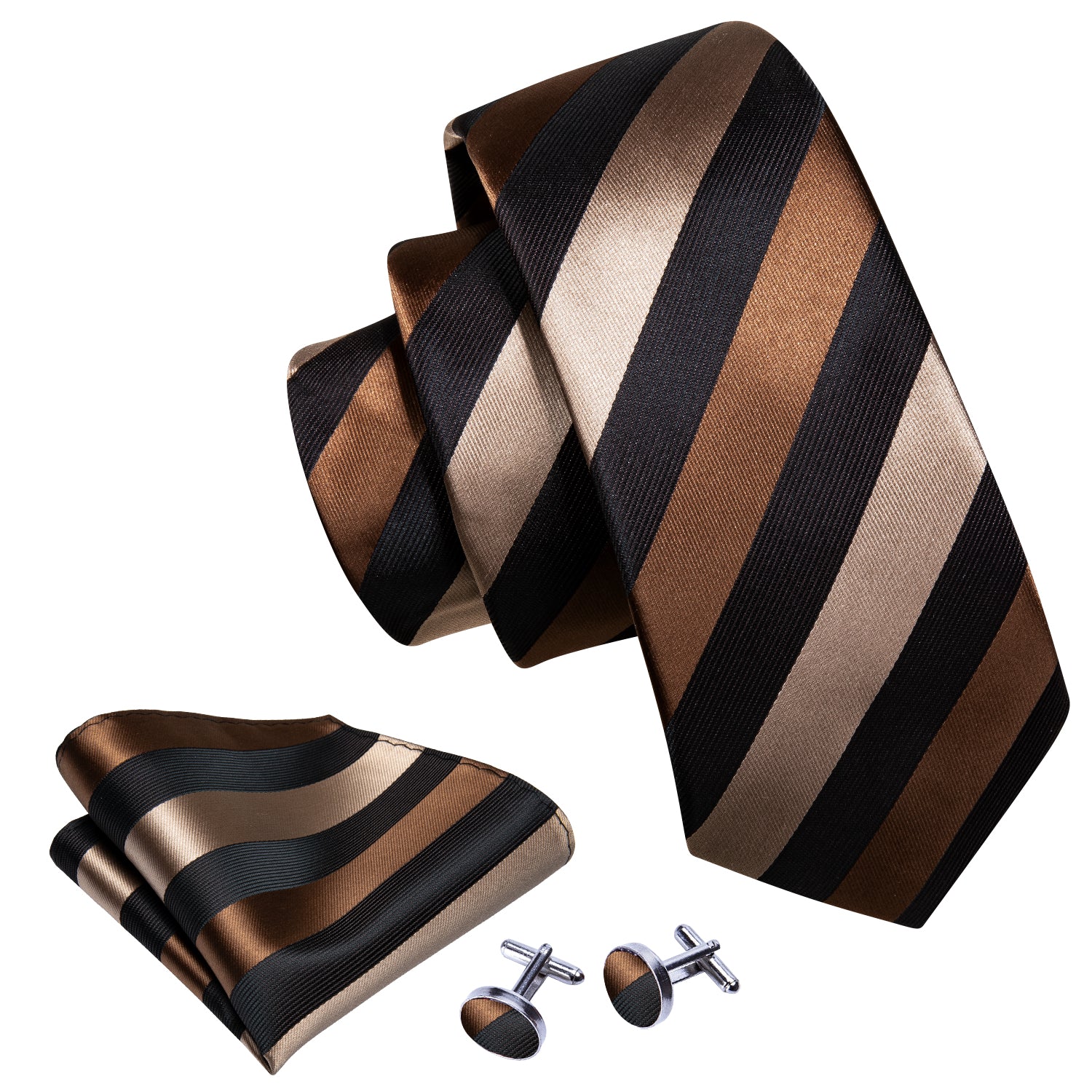 Brown Black Stripe Silk Men Tie Pocket Square Cufflinks Set