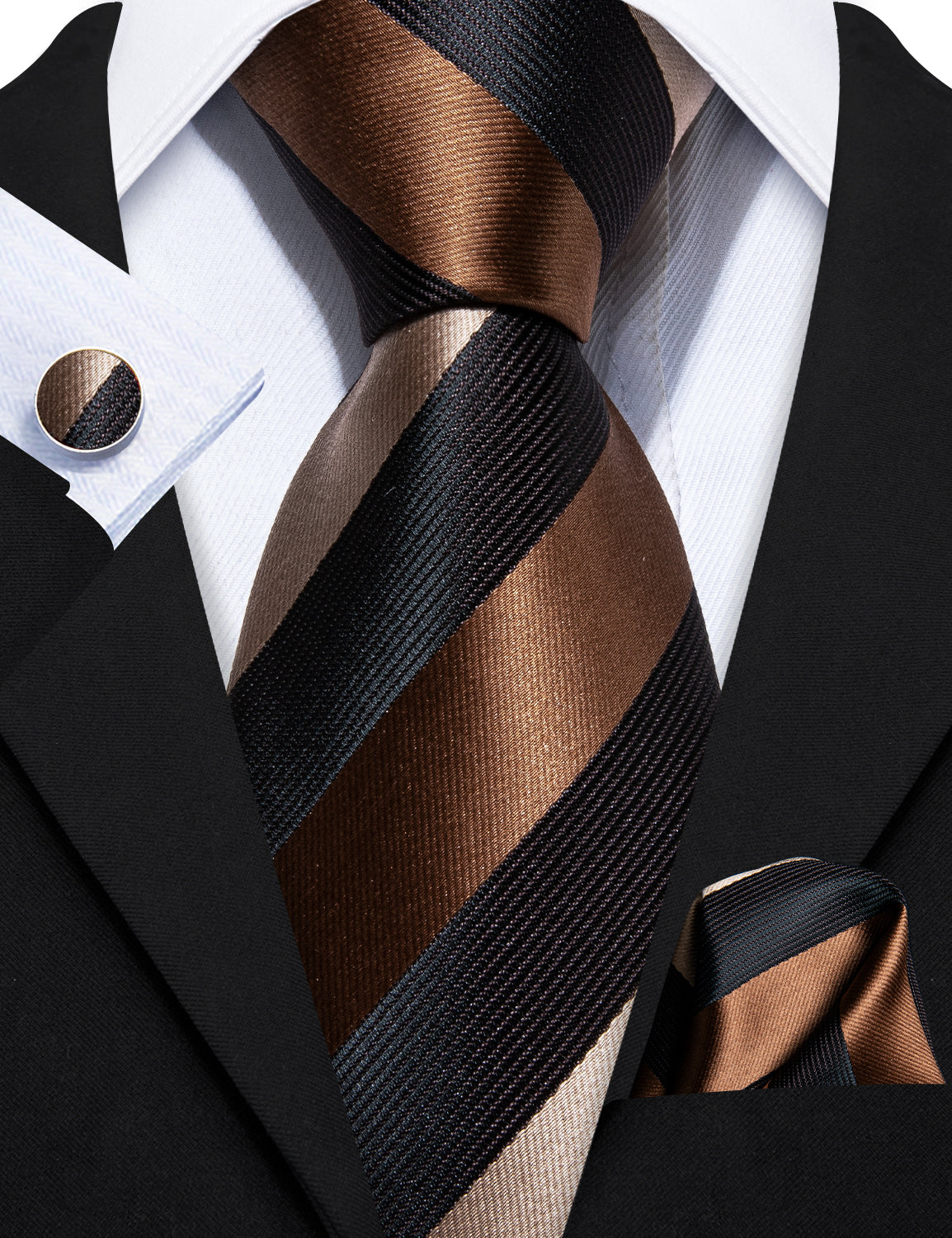 Brown Black Stripe Silk Men Tie Pocket Square Cufflinks Set