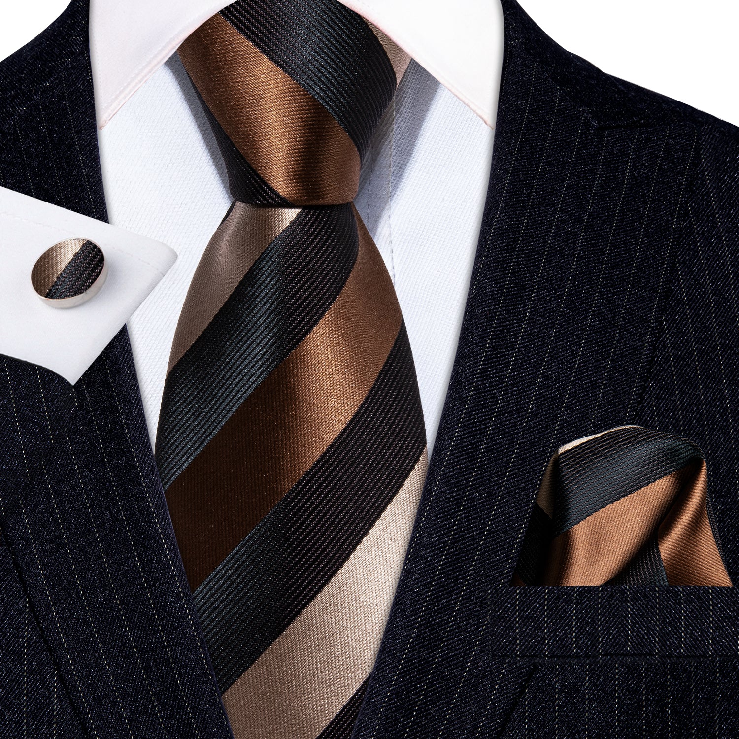 Brown Black Stripe Silk Men Tie Pocket Square Cufflinks Set