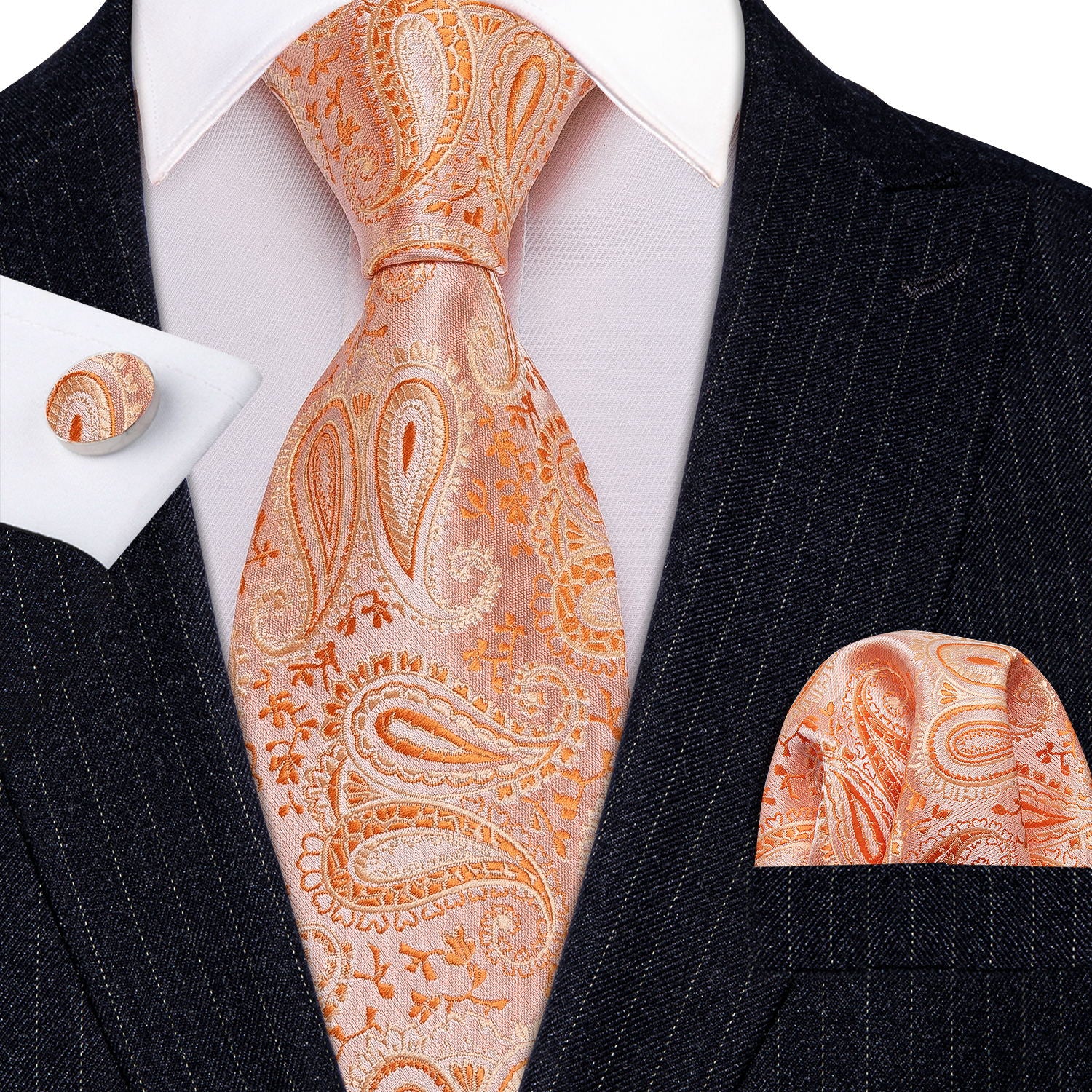 Light Orange Paisley Silk Men's Tie Pocket Square Cufflinks Set