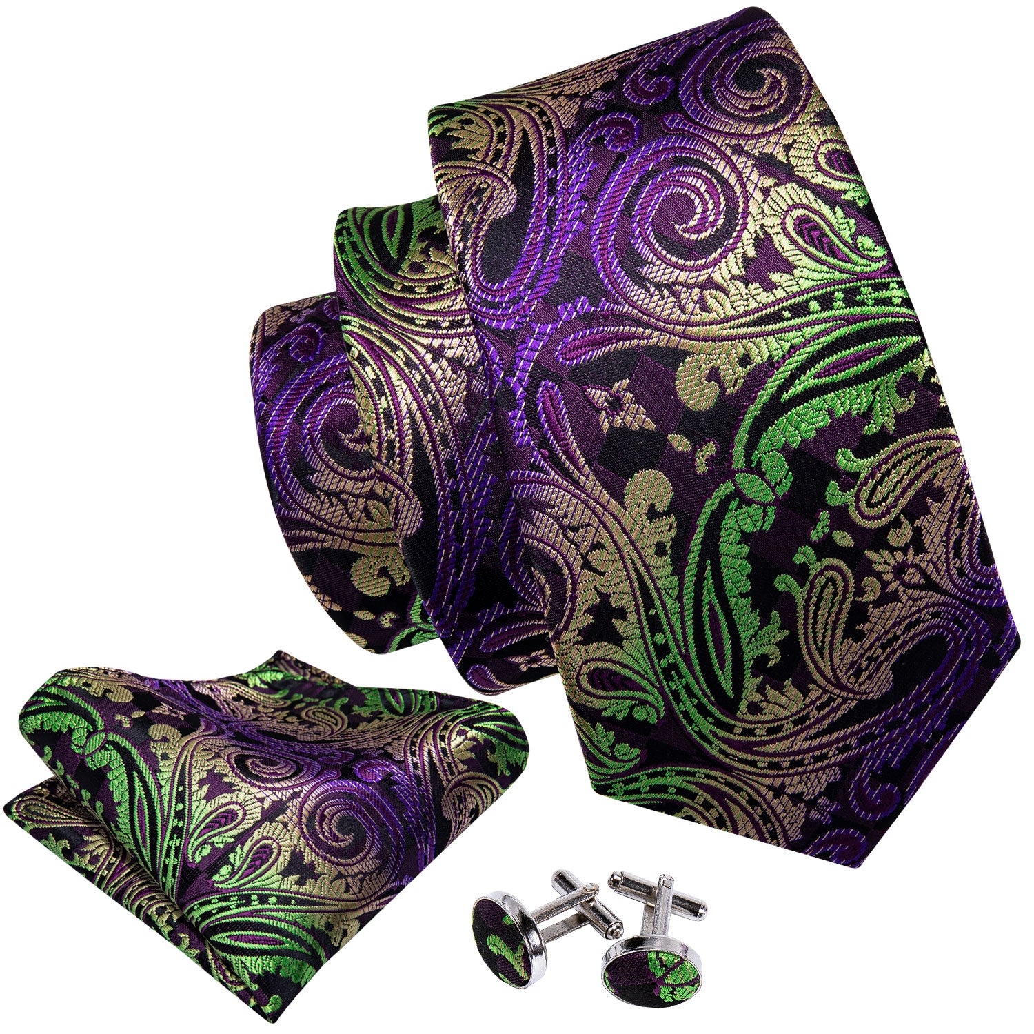 Barry Wang Green Purple Black Paisley Silk Men's Tie Cufflinks Set