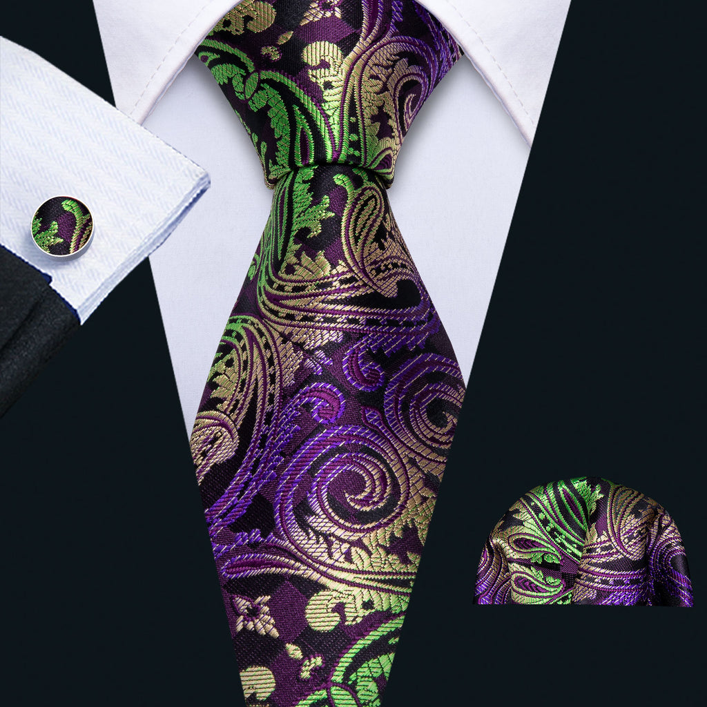 Green Purple Black Paisley Silk Men's Tie Pocket Square Cufflinks Set