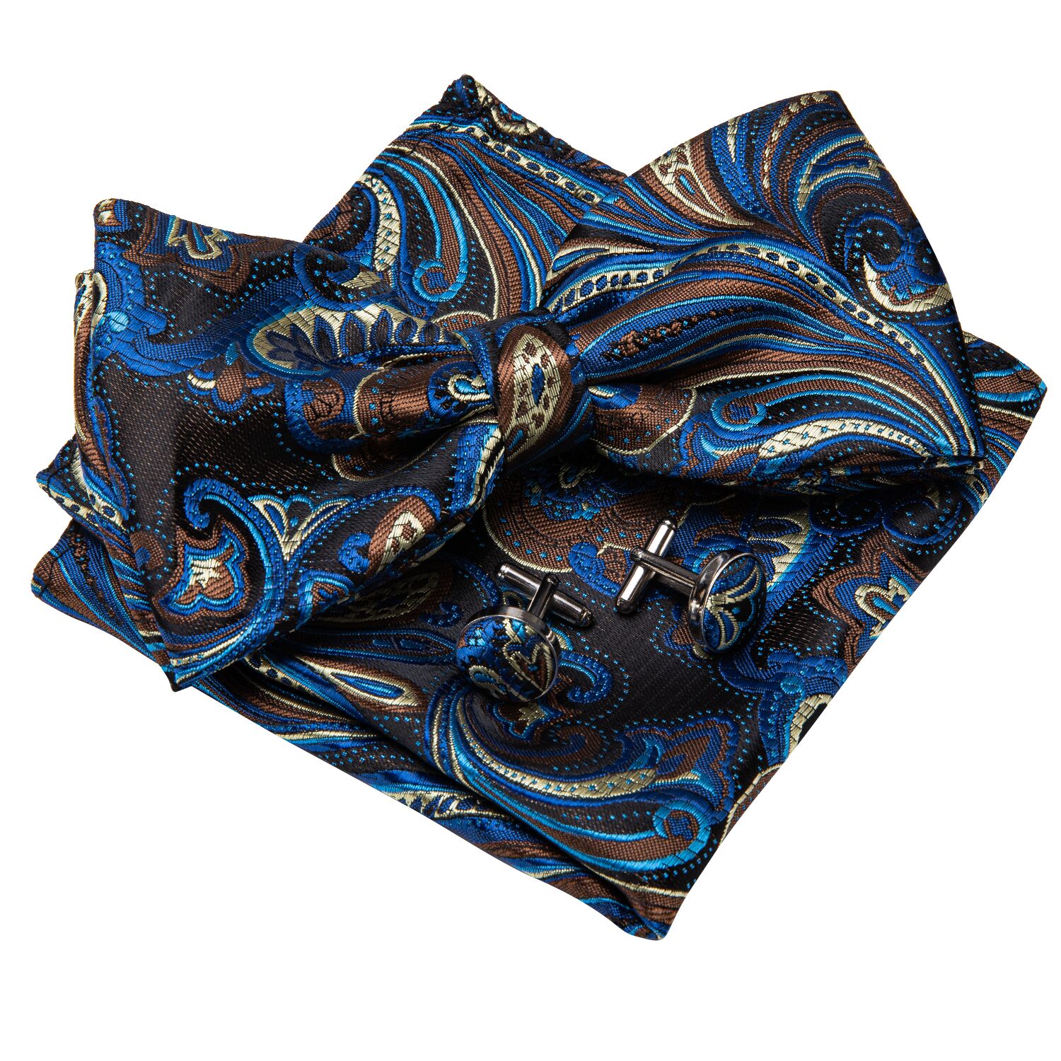  Blue Brown Paisley Pre-tied Bow Tie Hanky Cufflinks Set