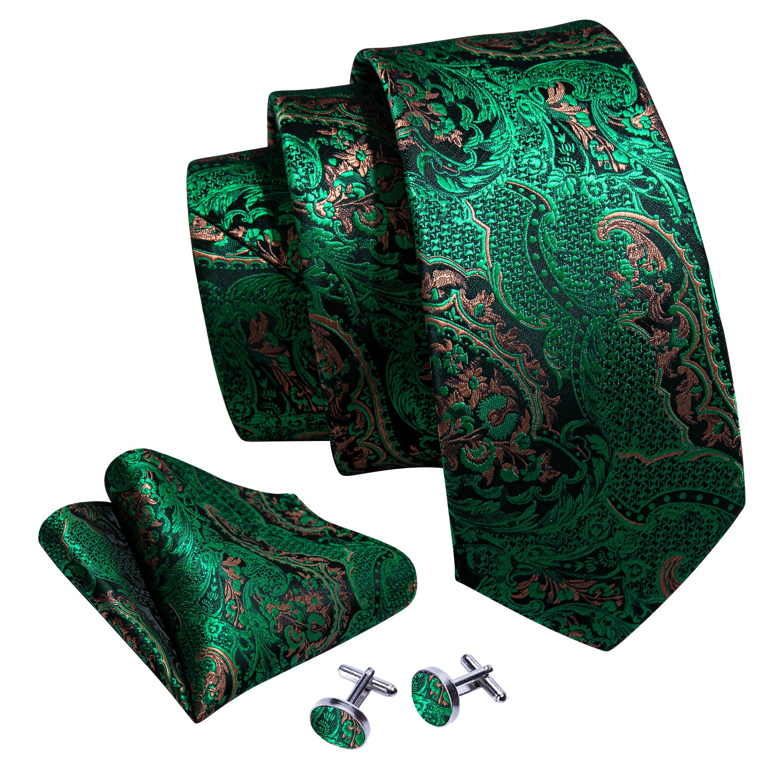 Green Brown Paisley Necktie Pocket Square Cufflinks Set
