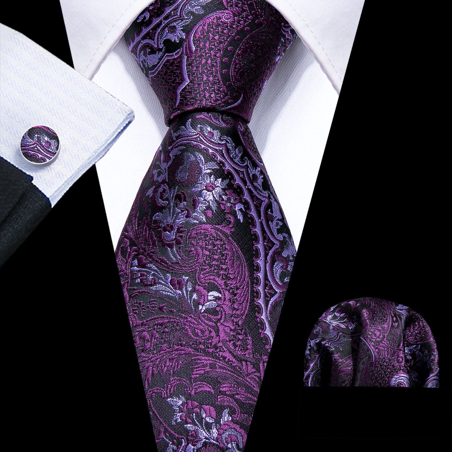 Deep Purple Paisley Necktie Pocket Square Cufflinks Set