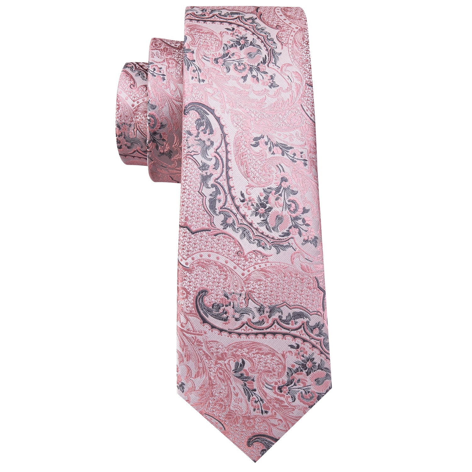 Barry.Wang Floral Tie Paisley Silver Pink Silk Tie Hanky Cufflinks Set
