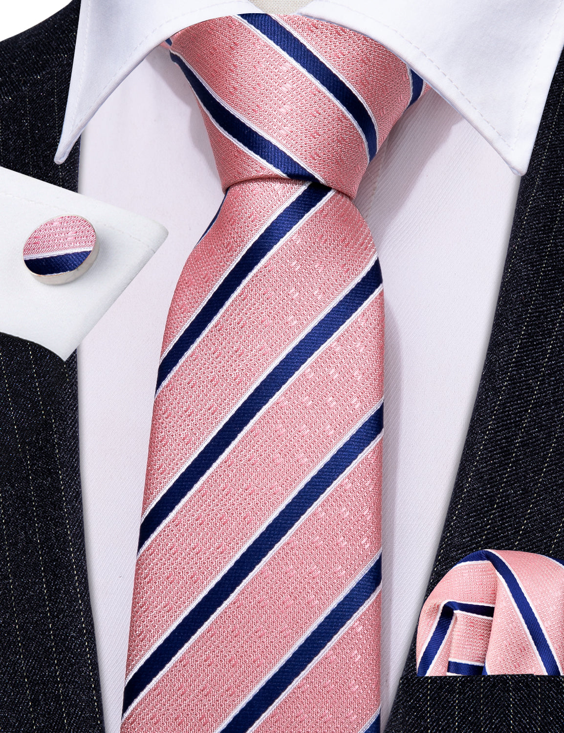Pink Blue Striped Silk Tie Handkerchief Cufflinks Set