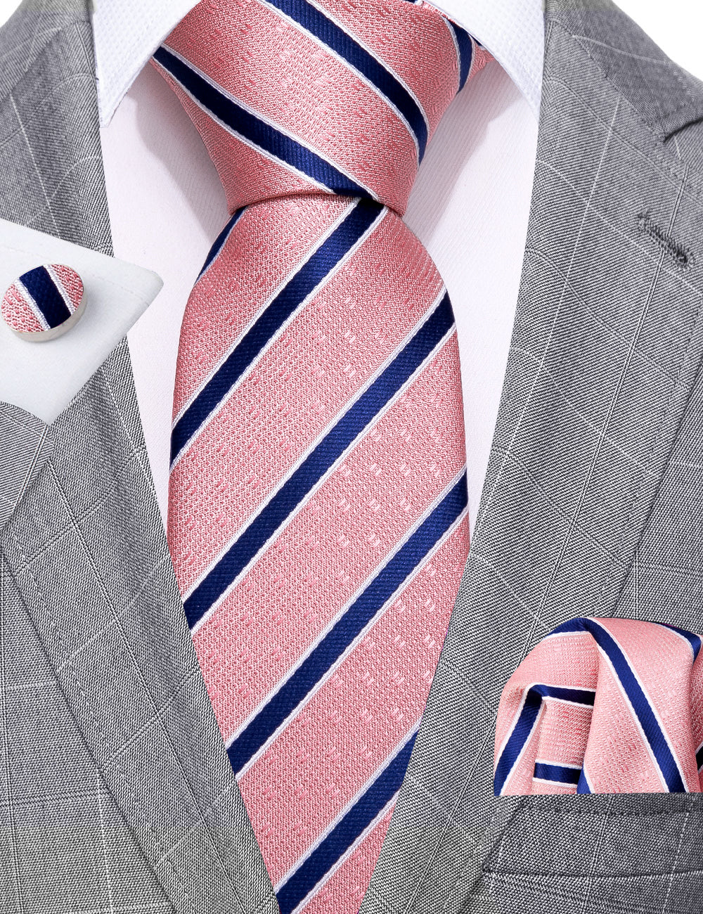 Barry. Wang Coral Pink Necktie Blue Stripes Men's Silk Wedding Tie Set Barry. Wang Coral Pink Necktie Blue Stripes Men's Silk Wedding Tie Set