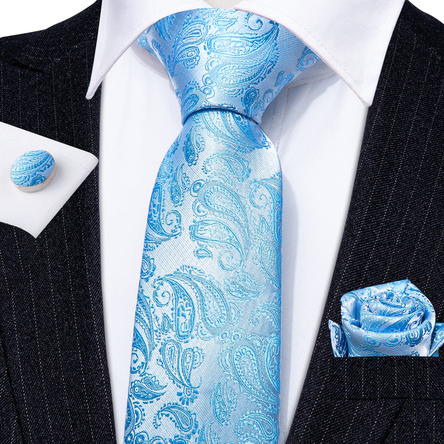 Light Blue Paisley Necktie Pocket Square Cufflinks Set