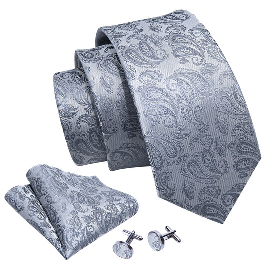 Barry. Wang Paisley Tie Silver Silk Mens Necktie Pocket Square Cufflinks Set for Wedding