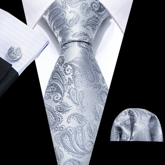 Barry. Wang Paisley Tie Silver Silk Mens Necktie Pocket Square Cufflinks Set for Wedding