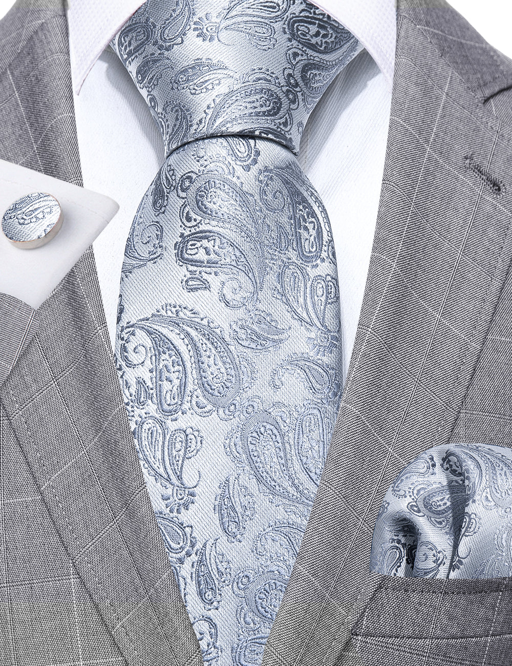 New Silver Paisley Necktie Pocket Square Cufflinks Set