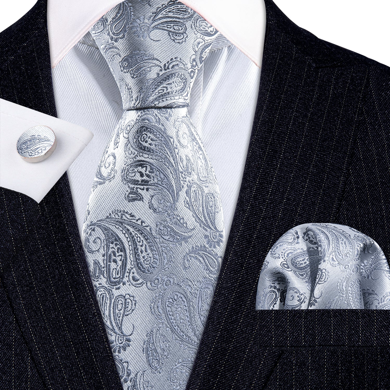 Silver Paisley Necktie Pocket Square Cufflinks Set