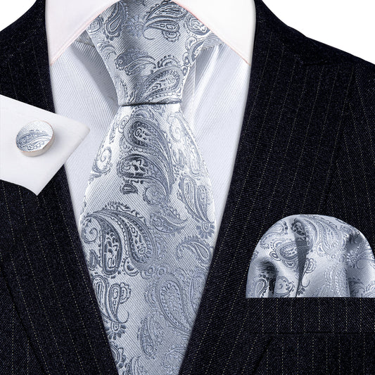Barry. Wang Paisley Tie Silver Silk Mens Necktie Pocket Square Cufflinks Set for Wedding