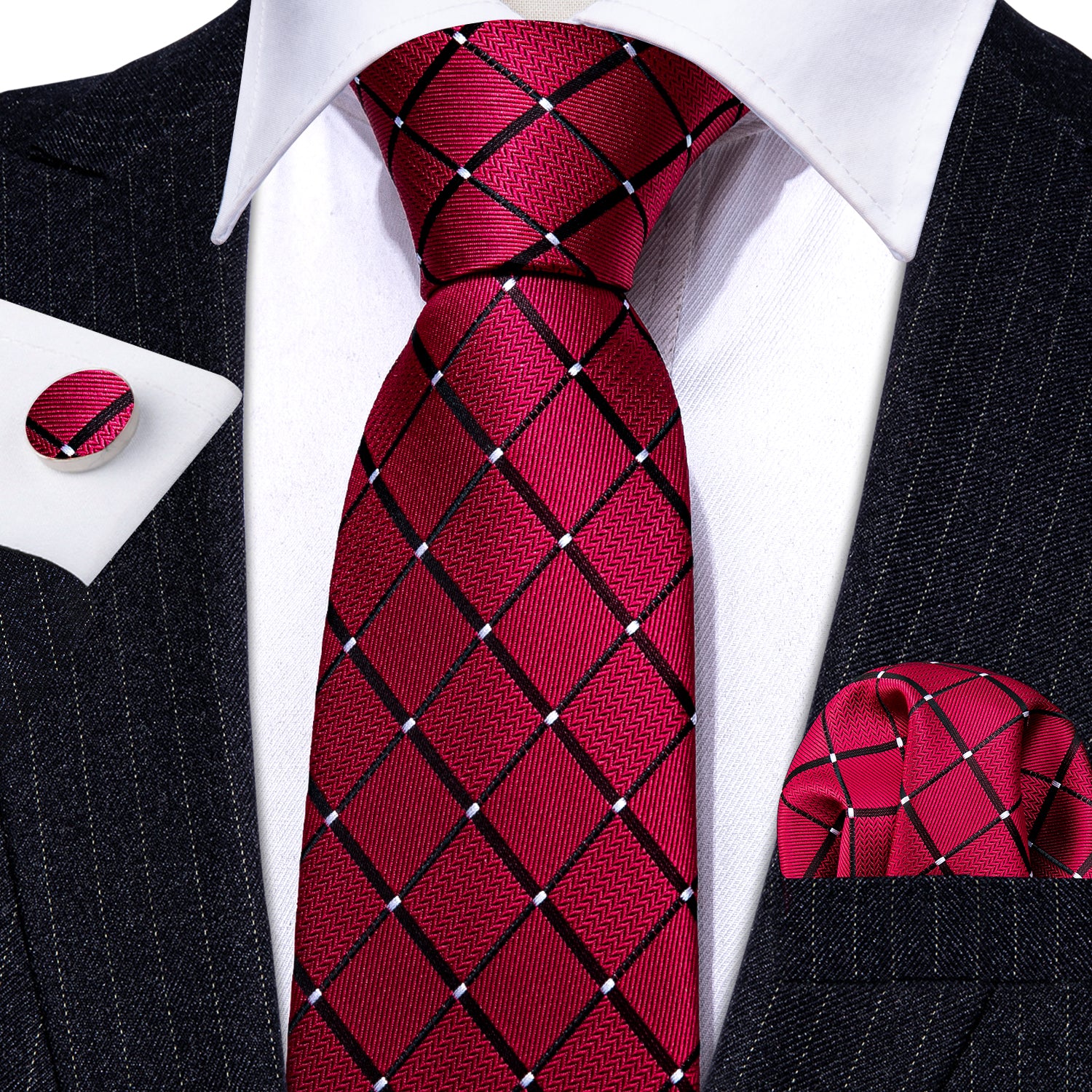 Red Black Plaid Silk Tie Handkerchief Cufflinks Set