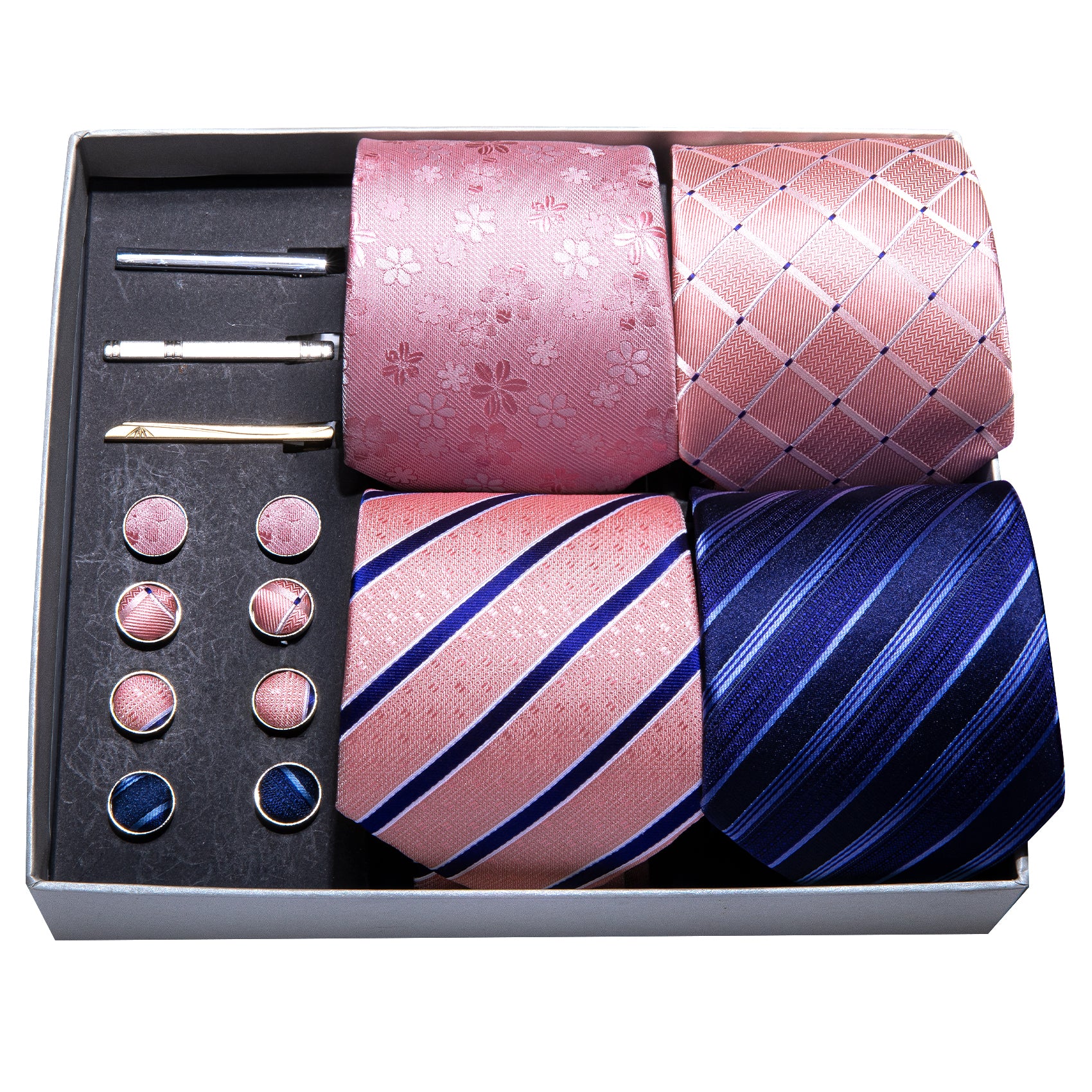 4pcs Men Tie Pink Blue Striped Silk Men Wedding Tie Hanky Clip Gift Box Set