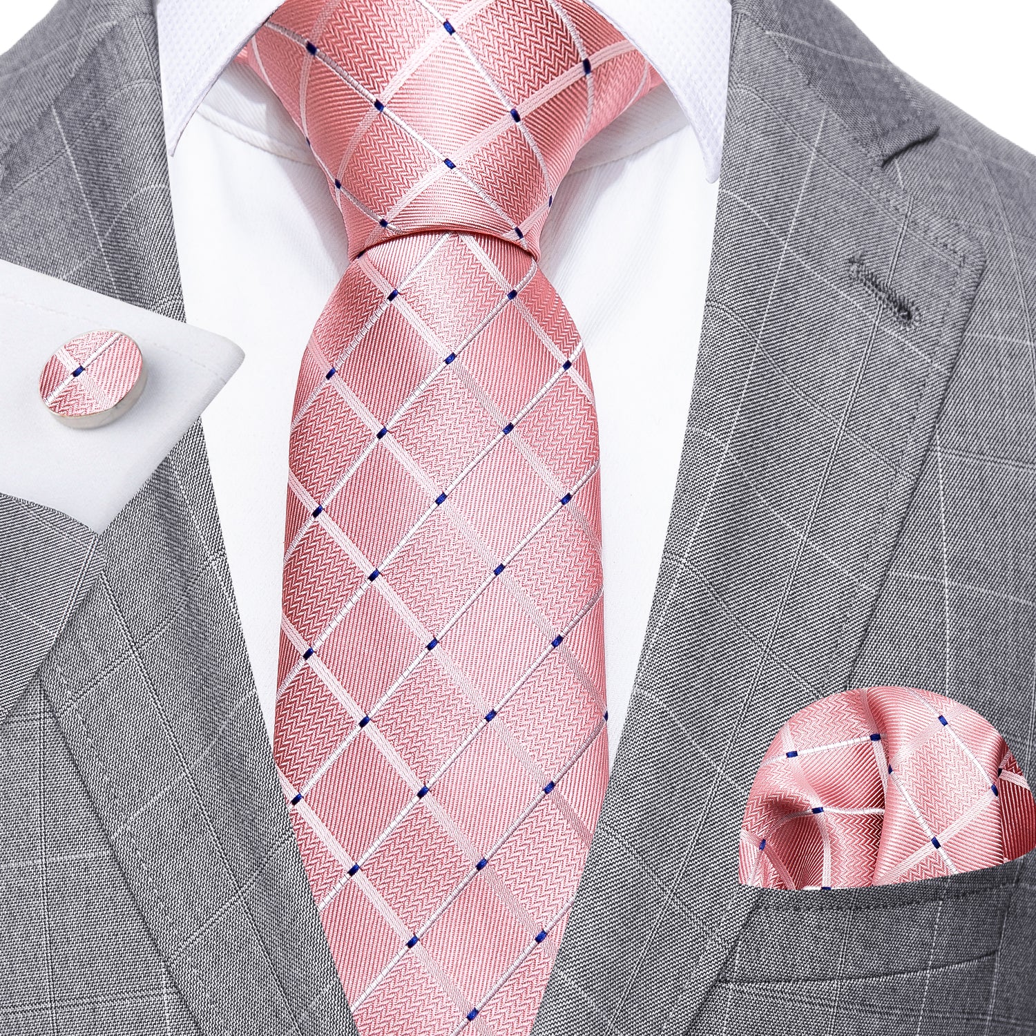Fashion Pink Plaid Necktie Pocket Square Cufflinks Set