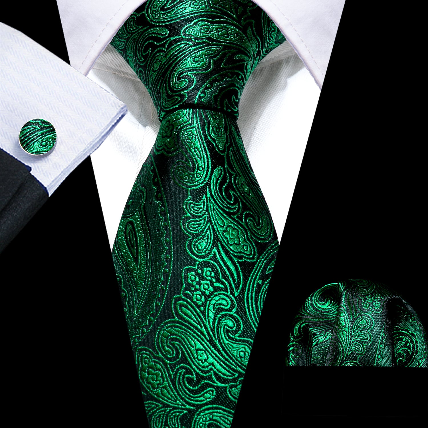  Dark Green Tie Paisley Silk Tie Handkerchief Cufflinks Set