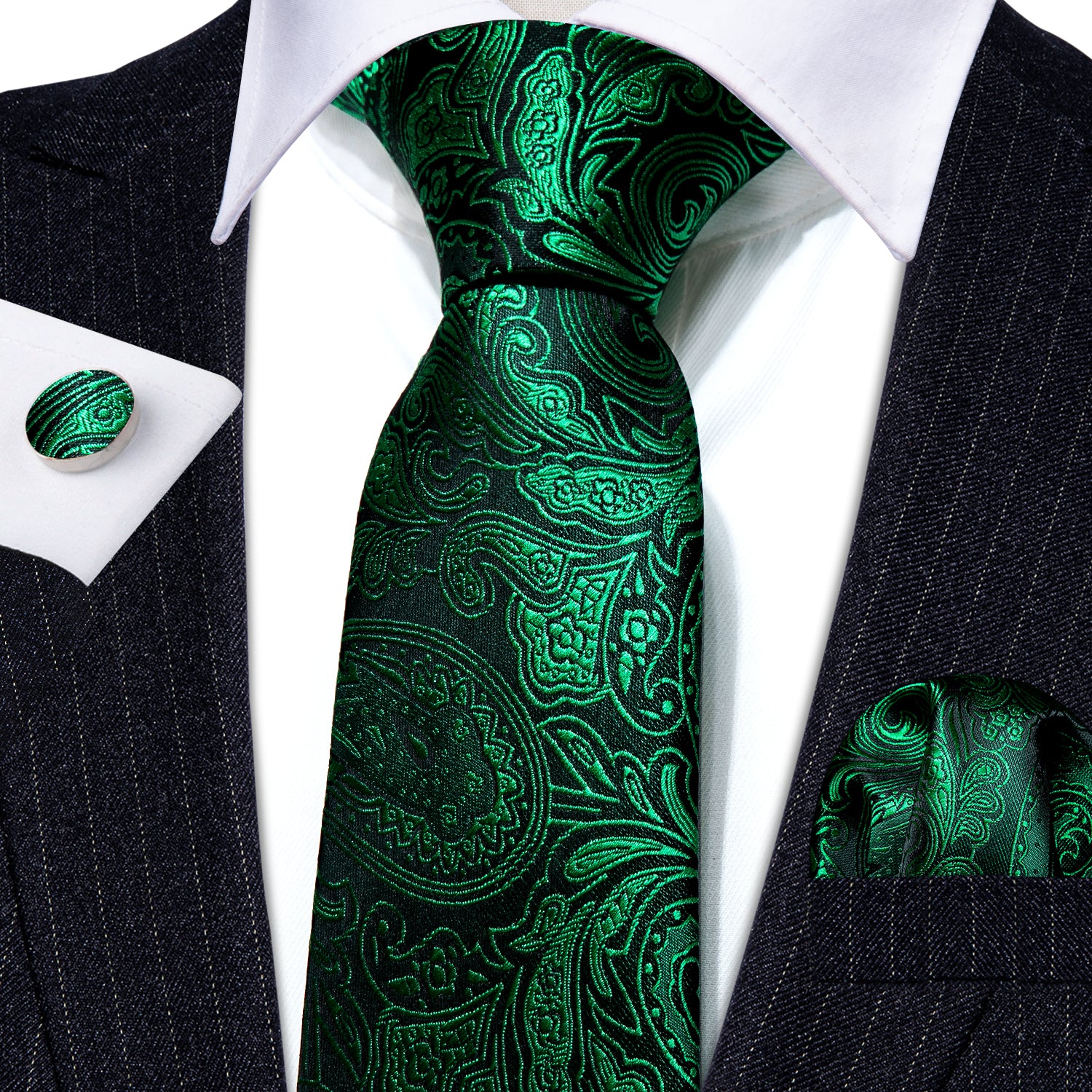  Dark Green Tie Paisley Silk Tie Handkerchief Cufflinks Set