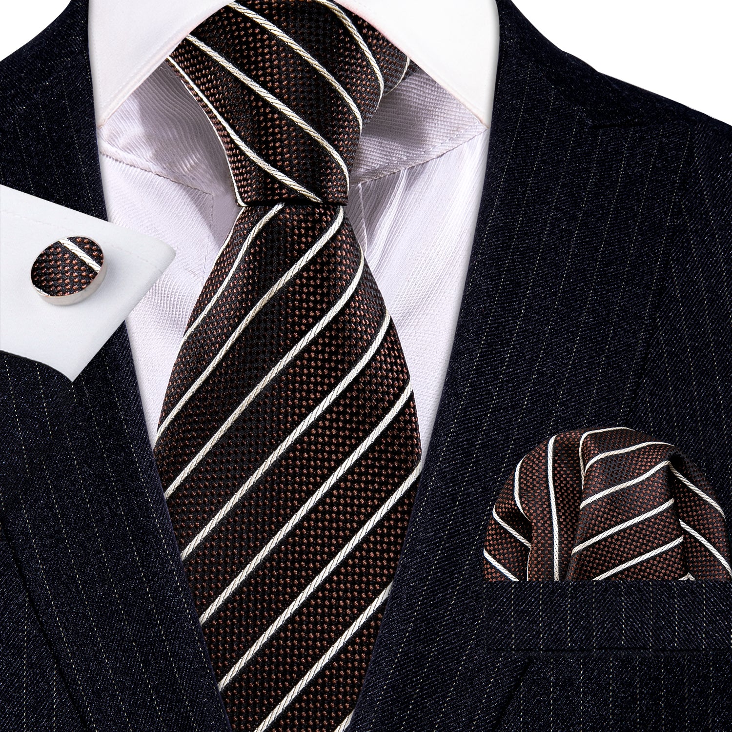 Brown White Striped Silk Tie Handkerchief Cufflinks Set