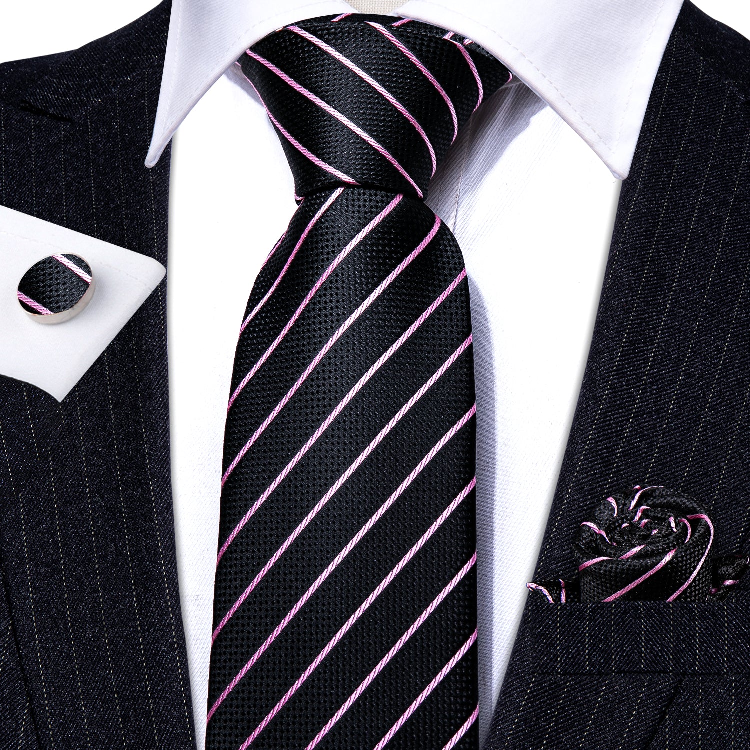 Black Pink Striped Silk Tie Hanky Cufflinks Set