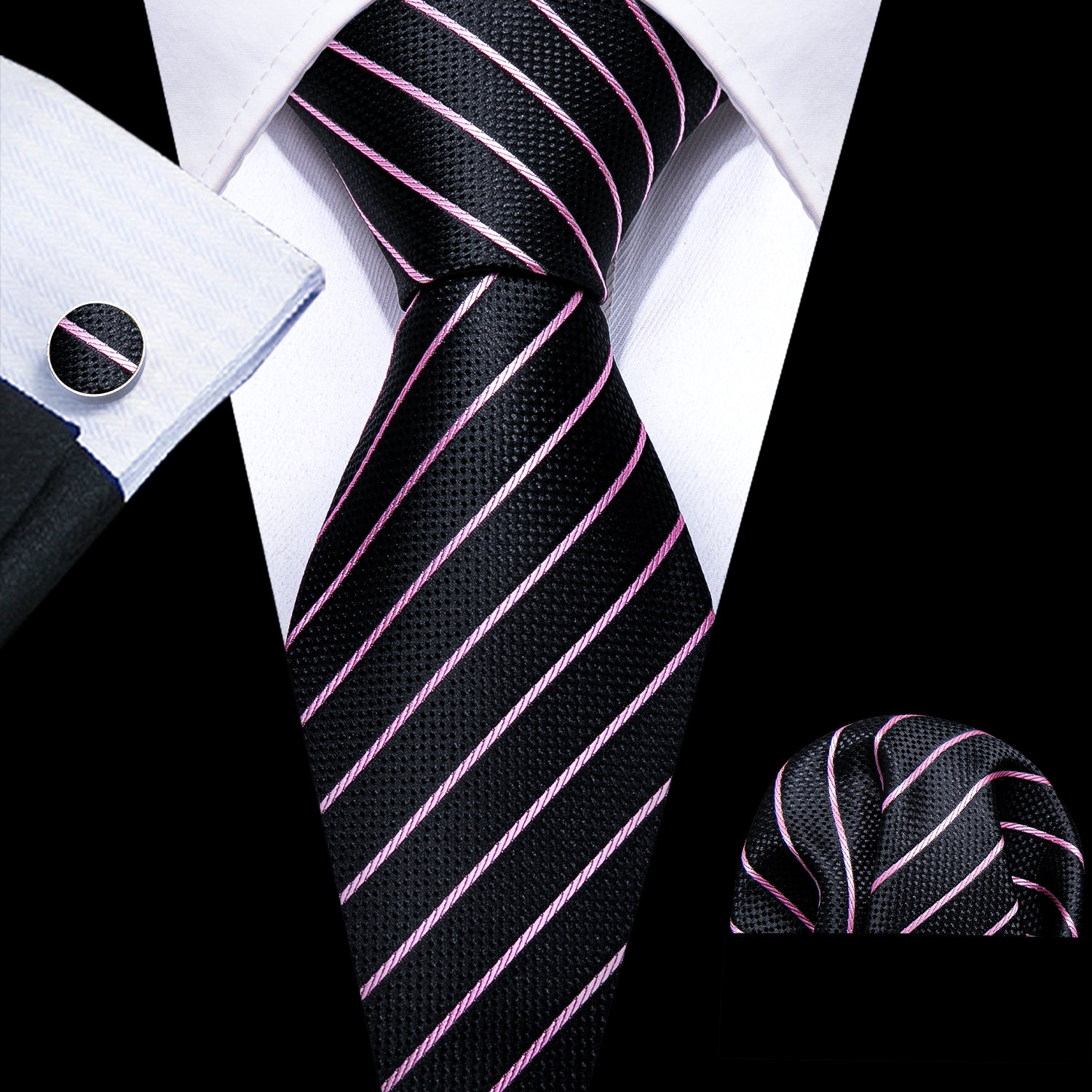  Black Neck Ties Pink Striped Silk Tie Hanky Cufflinks Set