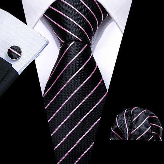  Black Neck Ties Pink Striped Silk Tie Hanky Cufflinks Set