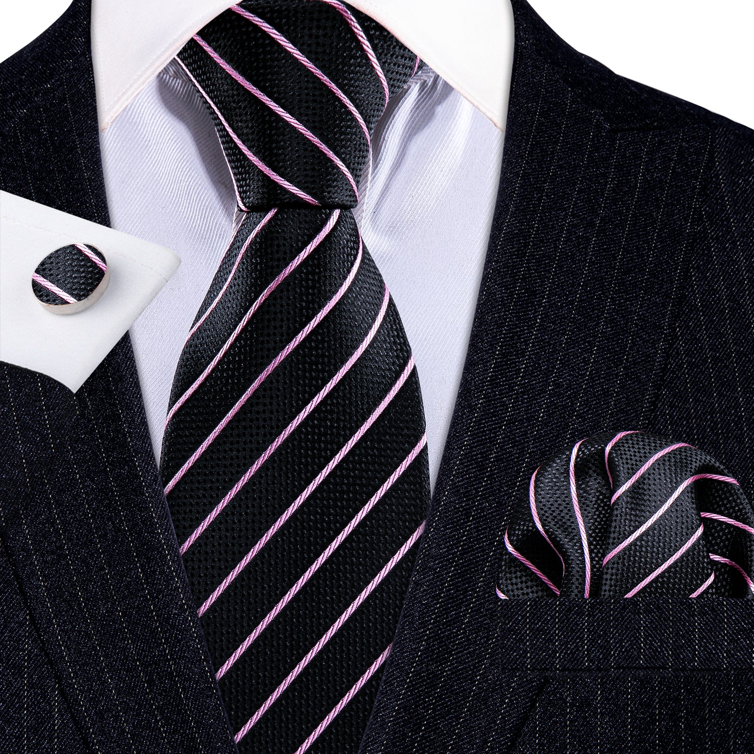 Black Pink Striped Silk Tie Hanky Cufflinks Set