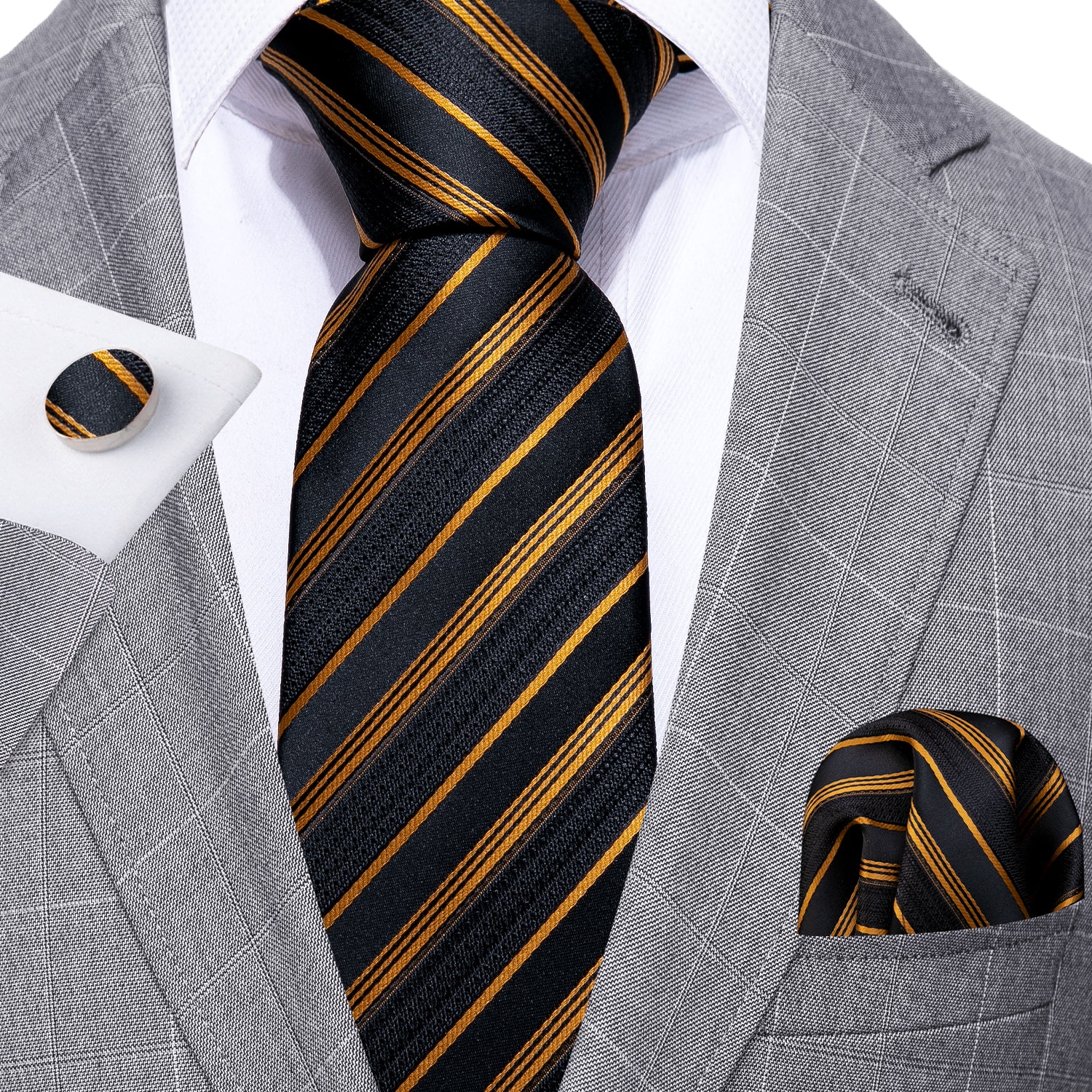 Gold Black Striped Silk Tie Handkerchief Cufflinks Set