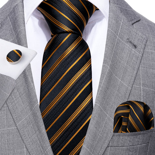 Barry. Wang Gold Black Striped Silk Tie Handkerchief Cufflinks Set