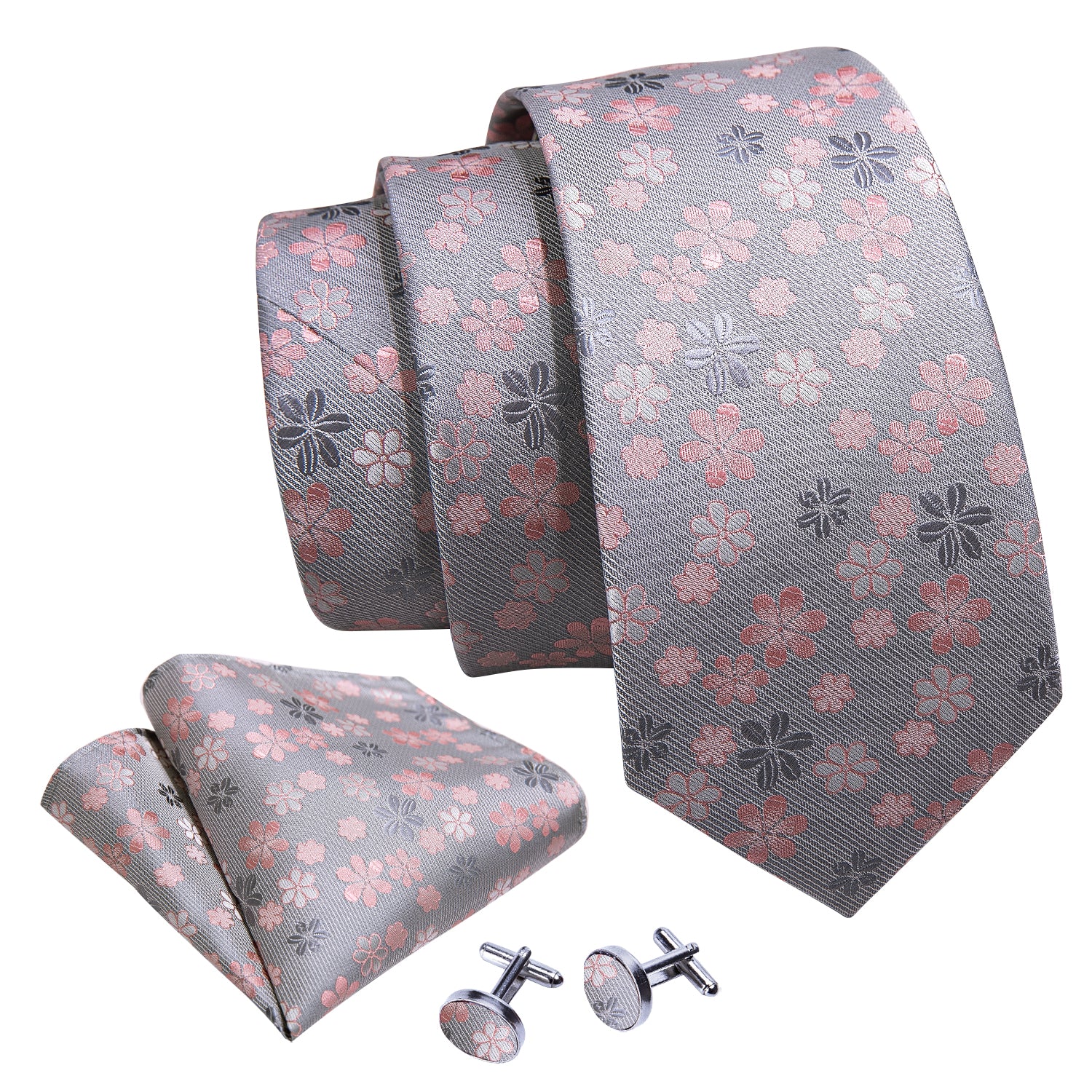 Silk Pink Floral Silk Tie Hanky Cufflinks Set