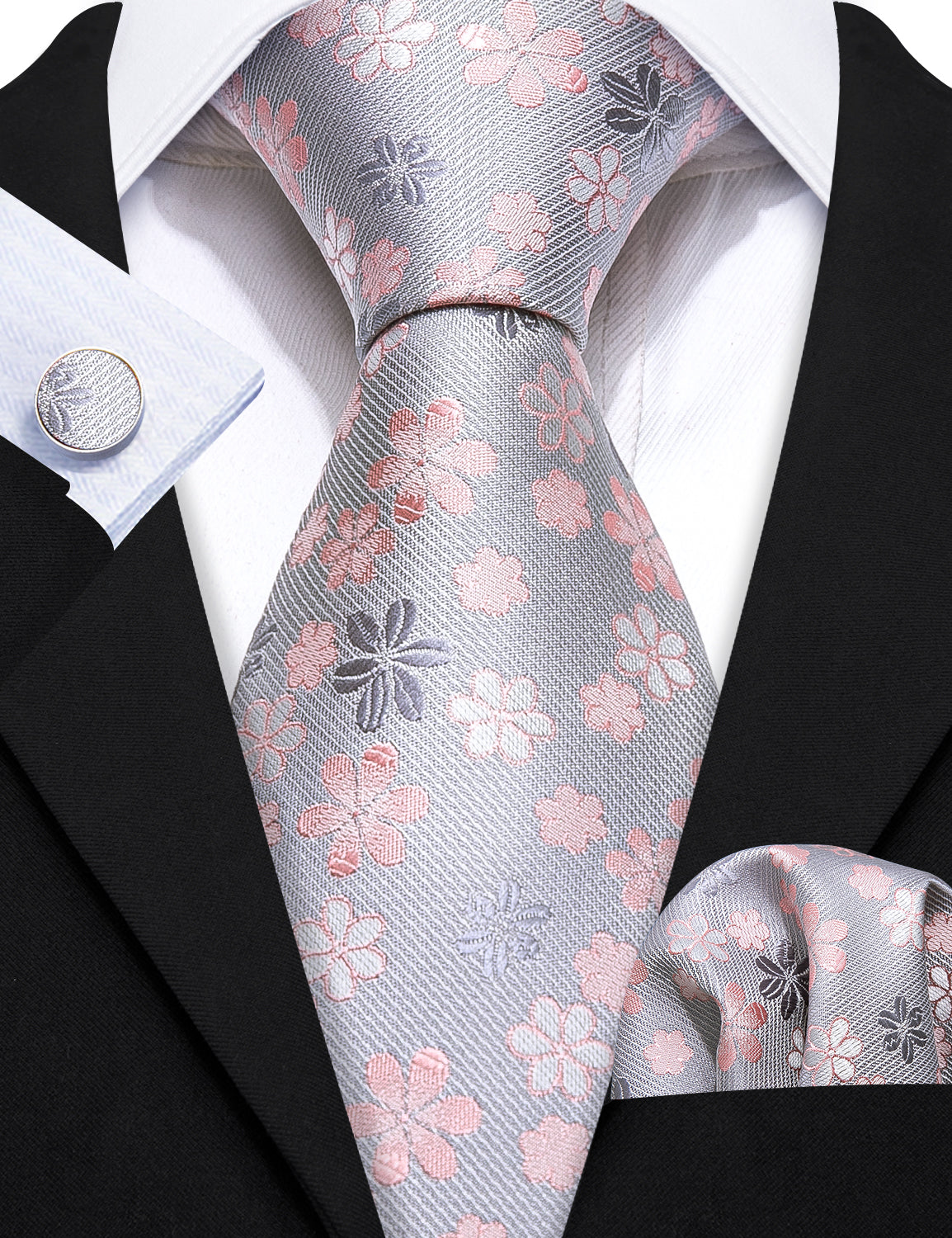 Silk Pink Floral Silk Tie Hanky Cufflinks Set