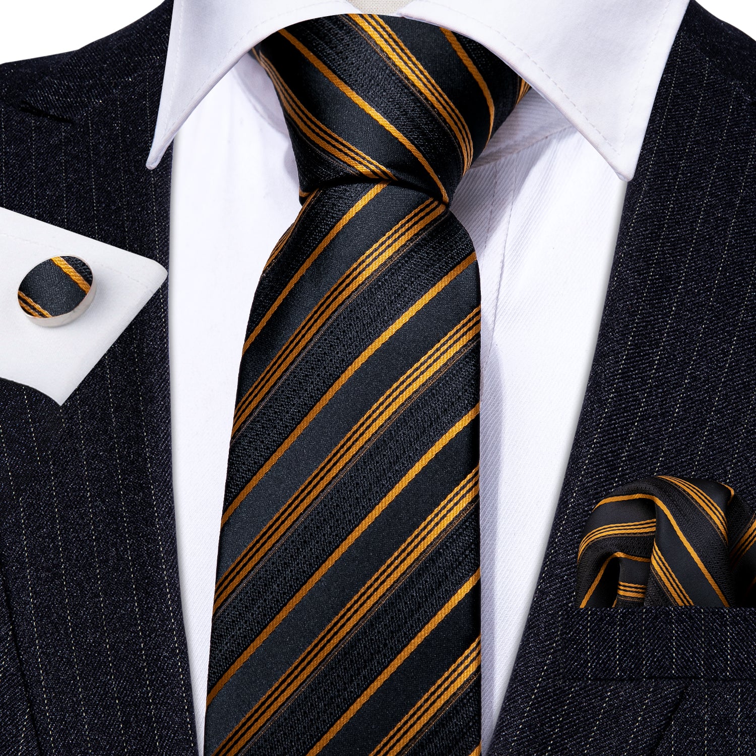 Gold Black Striped Silk Tie Handkerchief Cufflinks Set