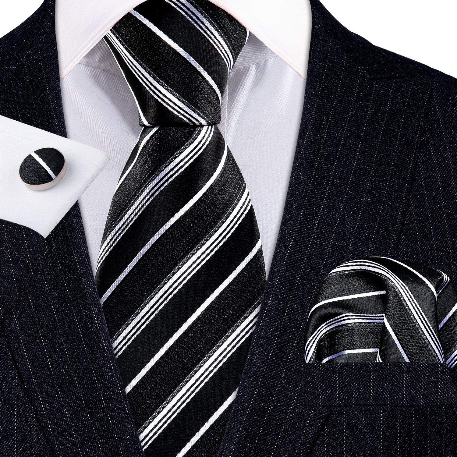 Black White Striped Paisley Silk Tie Hanky Cufflinks Set