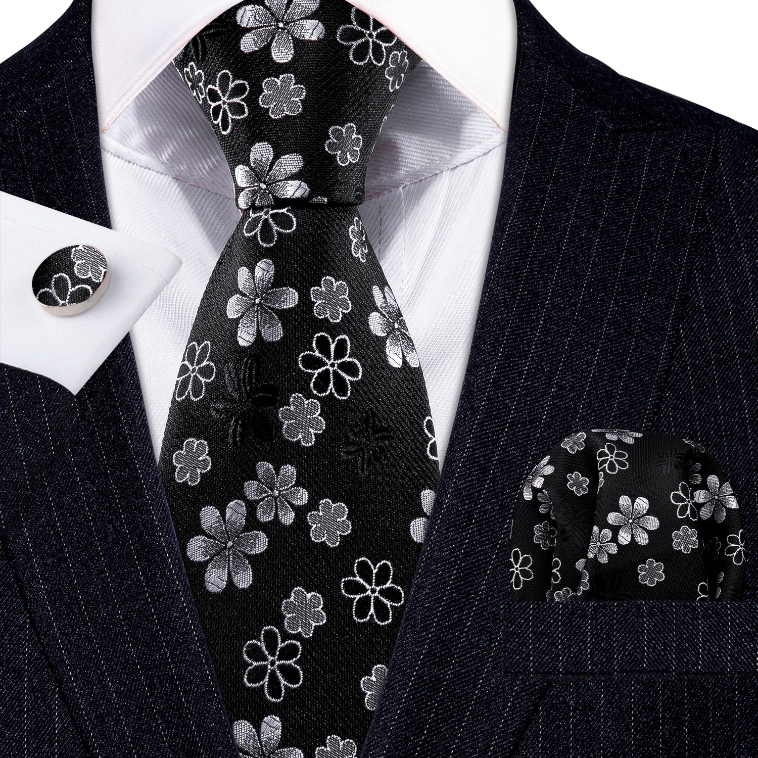 New Black White Flower Silk Tie Handkerchief Cufflinks Set