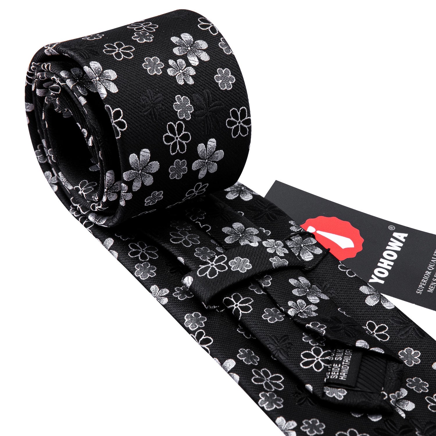 New Black White Flower Silk Tie Handkerchief Cufflinks Set