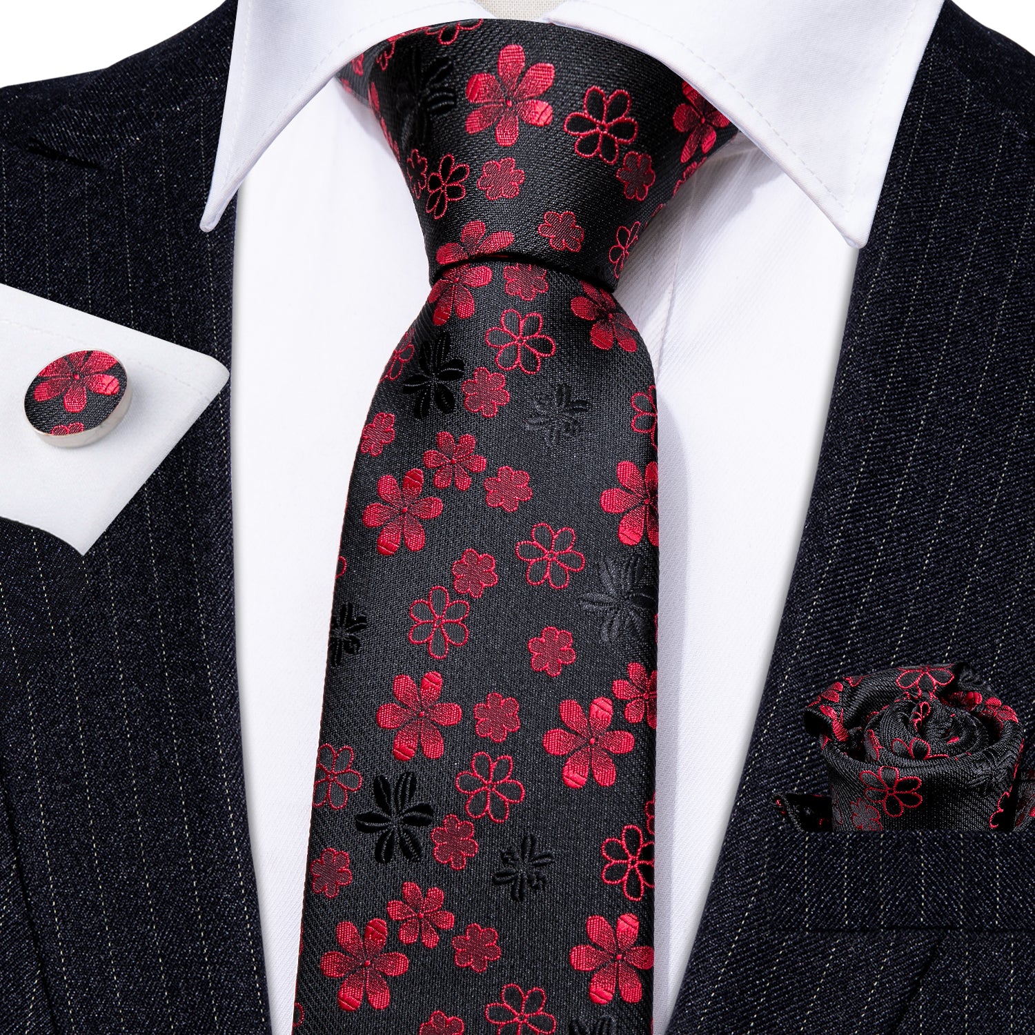 Black Red Flower Silk Tie Hanky Cufflinks Set