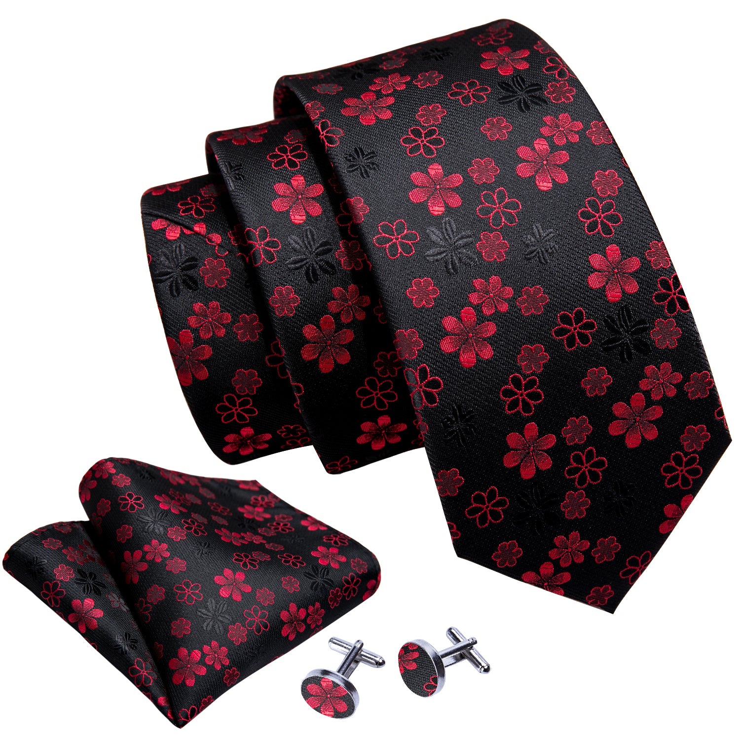 Black Red Flower Silk Tie Hanky Cufflinks Set