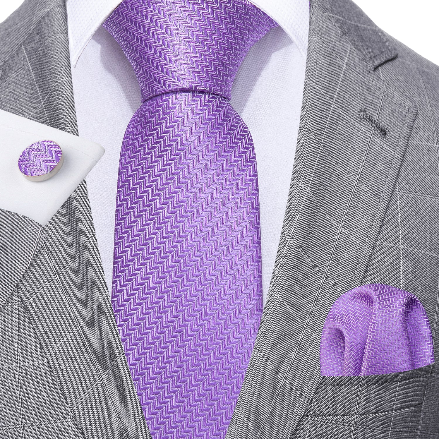 Barry.wang Purple Tie Striped Woven Silk Men's Tie Handkerchief Cufflinks set