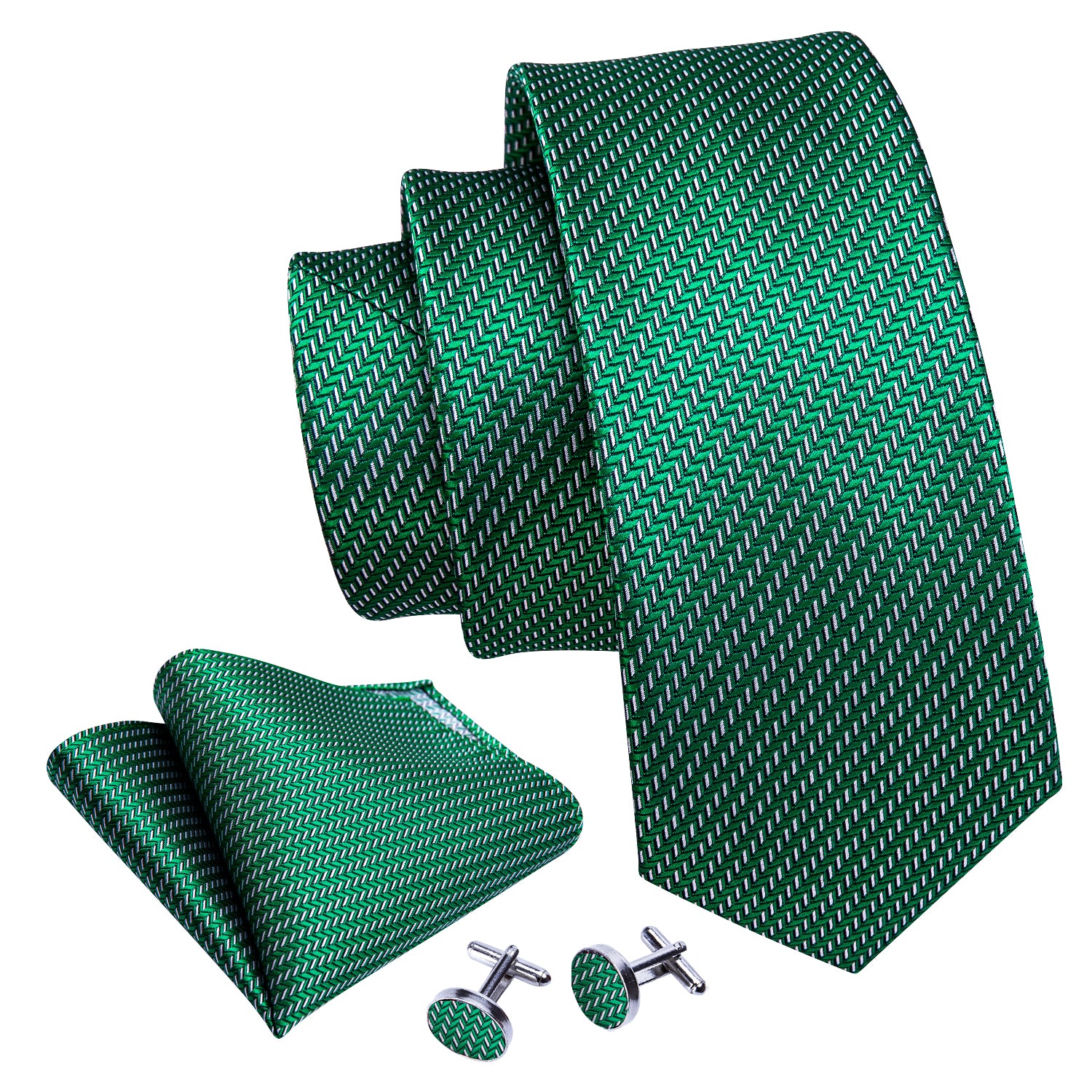 Barry Wang Mens Tie Green Solid Silk Tie Handkerchief Cufflinks Set