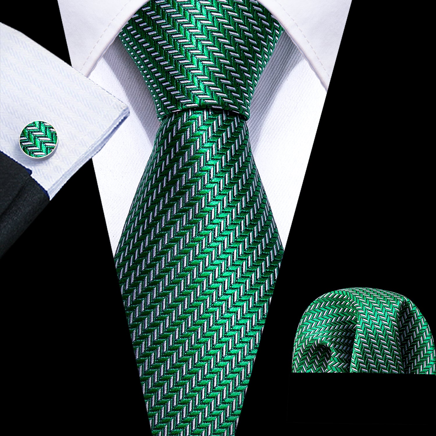 Green silver striped neckite with black suit 